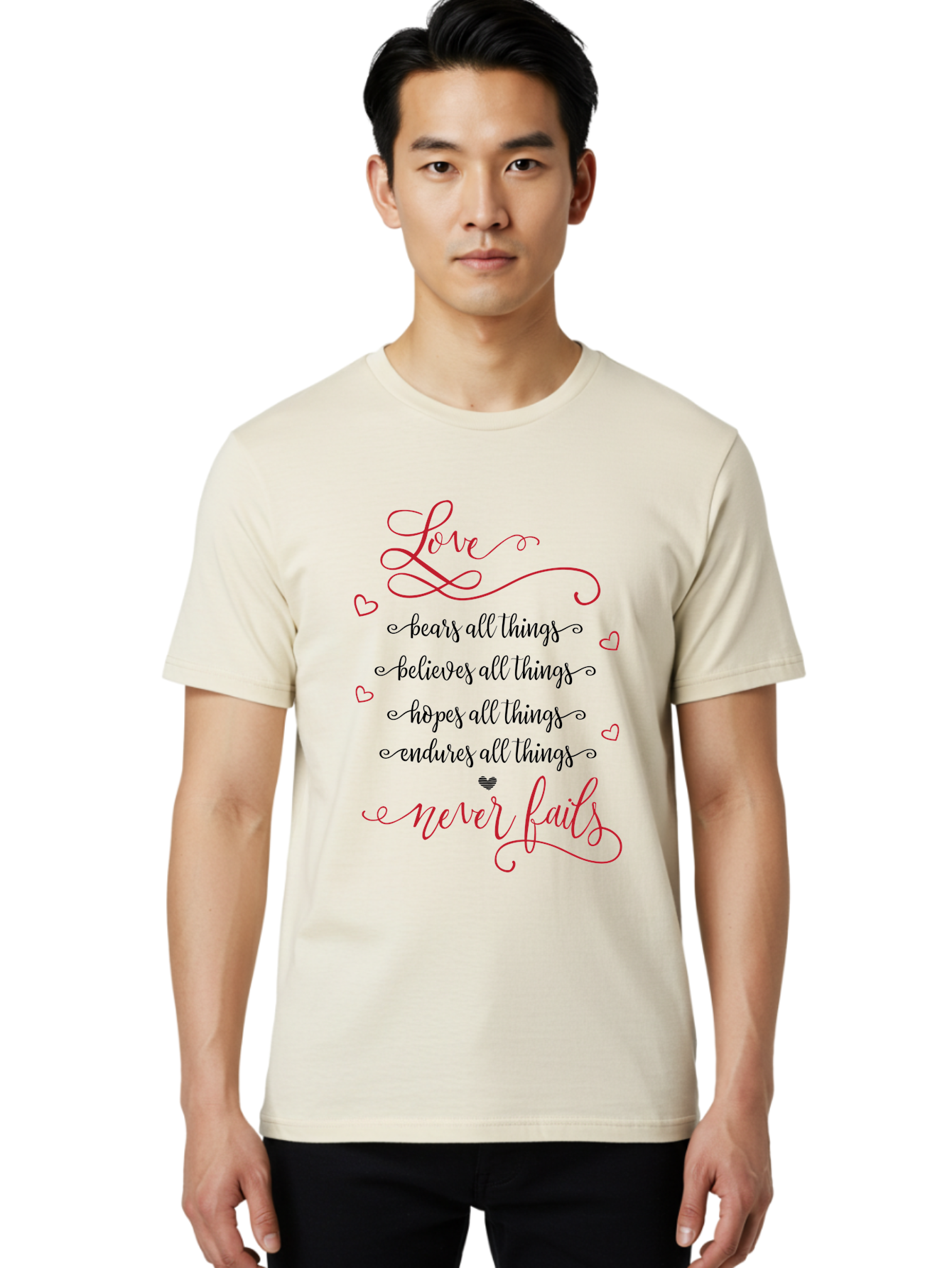 Love-Never-Fails Men'S Graphic Tee, 100% Cotton, Comfortable Casual Summer Wear, Machine Washable, Love Quote, Inspirational Quote, Positive Affirmation, Heartwarming Message, Faith, Hope, Charity, 1 Corinthians 13:8 Aac980 20