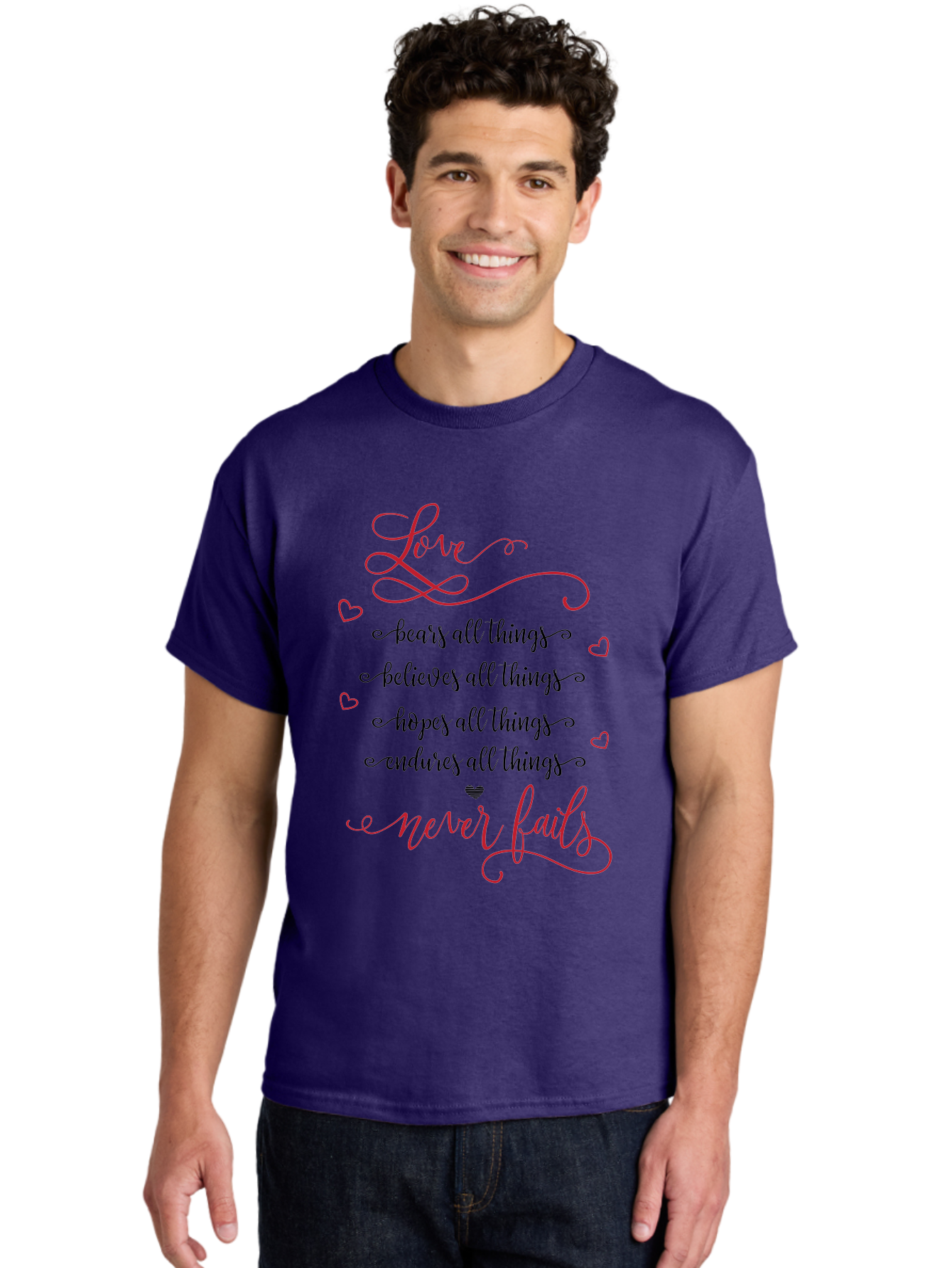 Love-Never-Fails Men'S Graphic Tee, 100% Cotton, Comfortable Casual Summer Wear, Machine Washable, Love Quote, Inspirational Quote, Positive Affirmation, Heartwarming Message, Faith, Hope, Charity, 1 Corinthians 13:8 Aac980