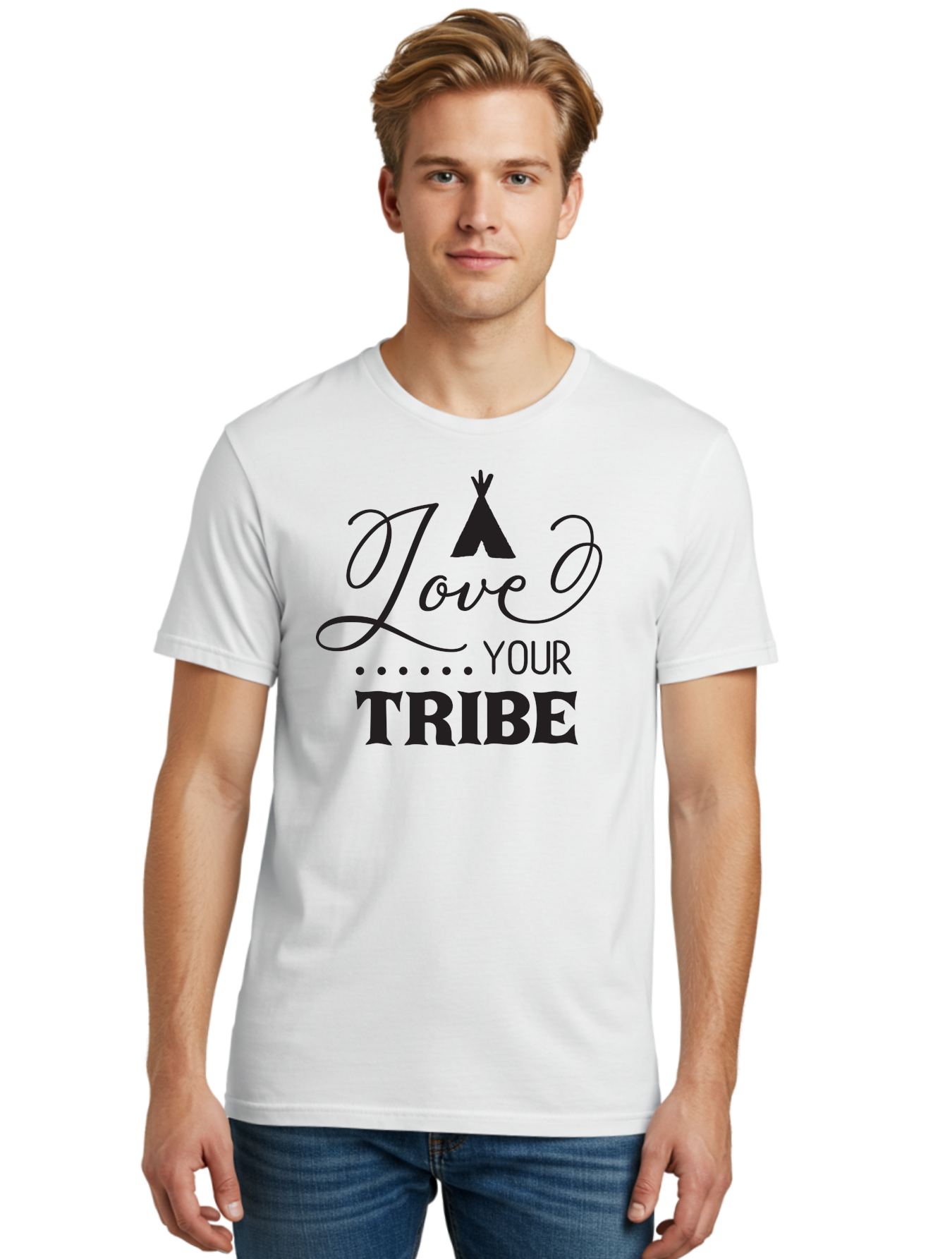 Love-Your-Tribe Men'S Graphic Tee, 100% Cotton, Comfortable Casual Summer Wear, Machine Washable, Love Your Tribe, Tribal Love, Motivational Quote, Inspirational Saying, Teepee Symbol, Unity Phrase, Community Message, Typographic Art Aac982