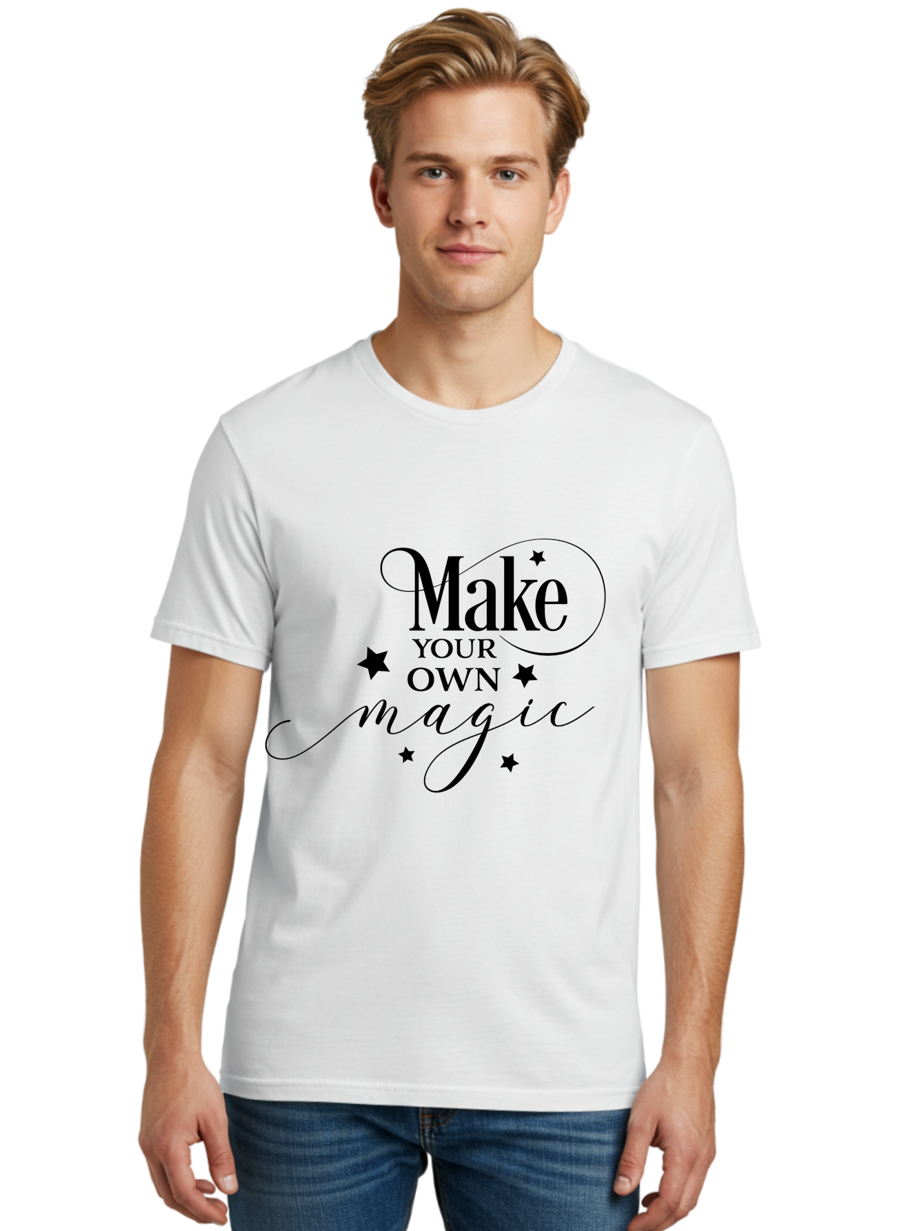 Make-Your-Own-Magic Men'S Graphic Tee, 100% Cotton, Comfortable Casual Summer Wear, Machine Washable, Inspirational Quote, Motivational Phrase, Magic Spell, Stars Decoration, Typography Art, Positive Vibes, Empowerment Message, Mystical Charm Aac988 18
