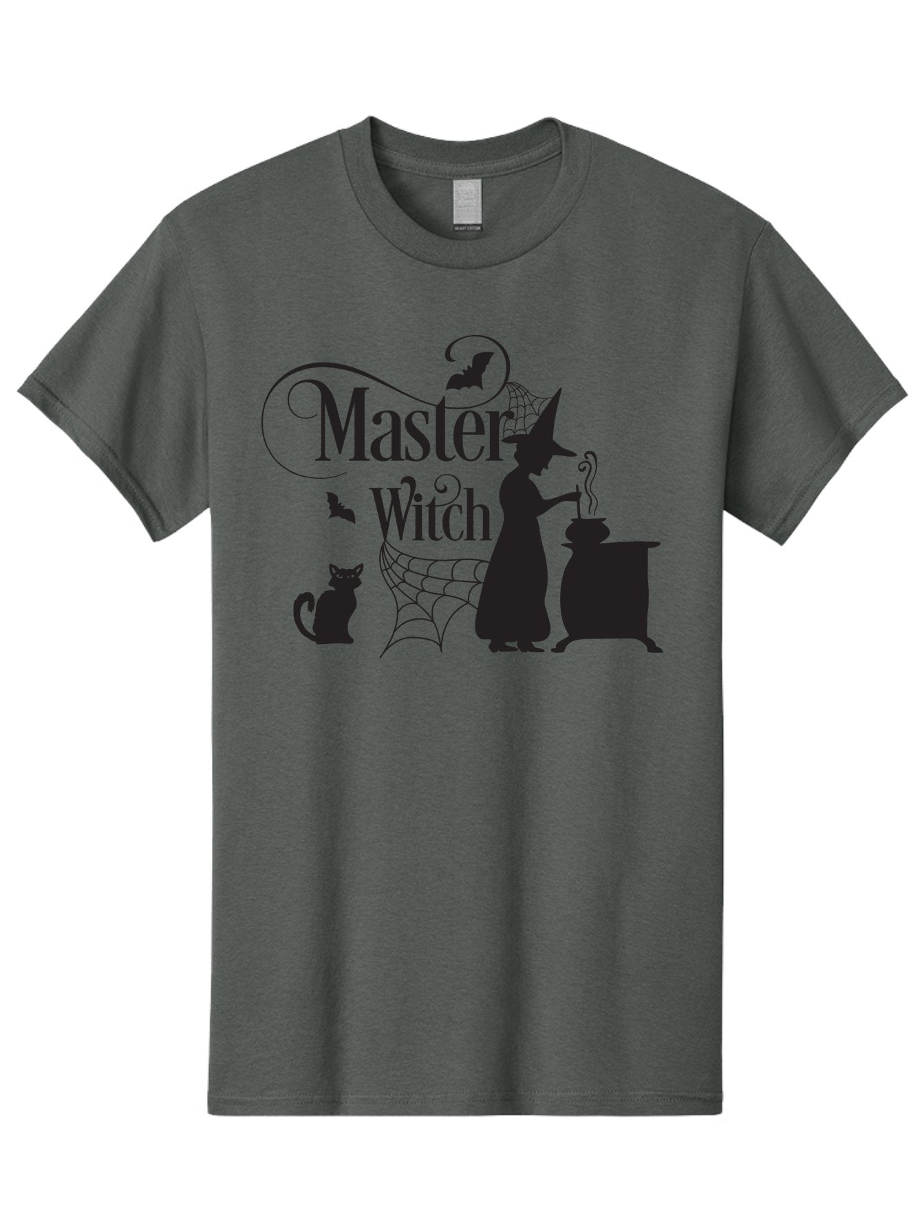 Master-Witch Men'S Graphic Tee, 100% Cotton, Comfortable Casual Summer Wear, Machine Washable, Witch Silhouette, Cauldron, Black Cat, Spider Web, Bats, Mystical Symbols, Witchcraft, Magic, Halloween Theme, Spooky Atmosphere, Mysterious, Aac994 8