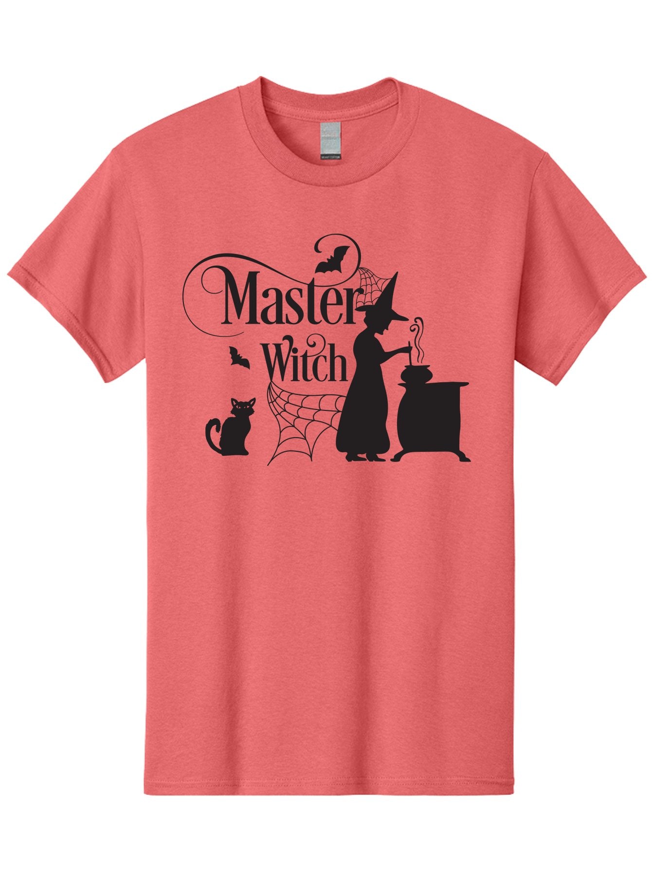 Master-Witch Men'S Graphic Tee, 100% Cotton, Comfortable Casual Summer Wear, Machine Washable, Witch Silhouette, Cauldron, Black Cat, Spider Web, Bats, Mystical Symbols, Witchcraft, Magic, Halloween Theme, Spooky Atmosphere, Mysterious, Aac994