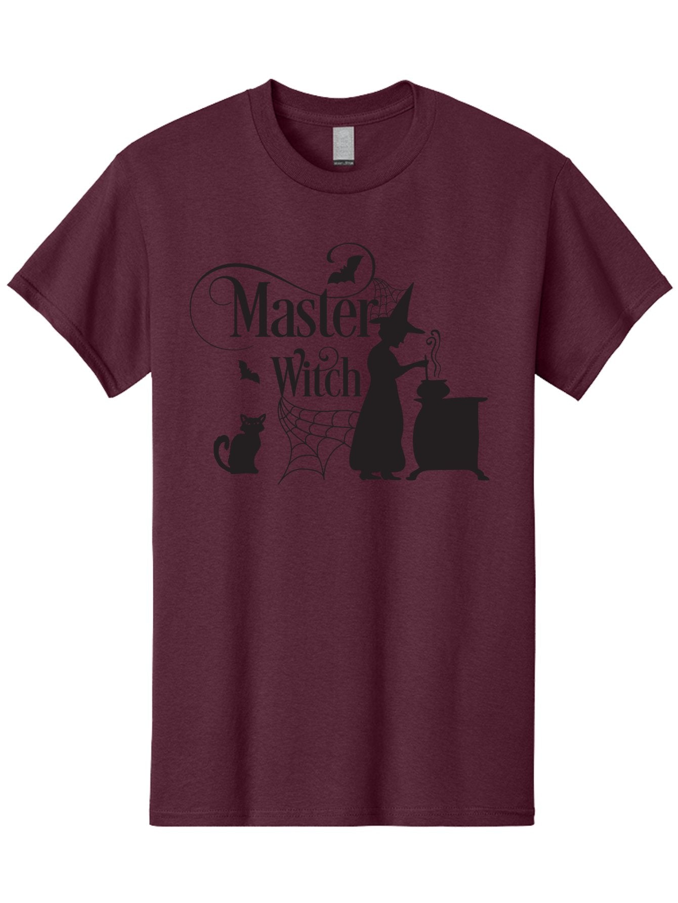 Master-Witch Men'S Graphic Tee, 100% Cotton, Comfortable Casual Summer Wear, Machine Washable, Witch Silhouette, Cauldron, Black Cat, Spider Web, Bats, Mystical Symbols, Witchcraft, Magic, Halloween Theme, Spooky Atmosphere, Mysterious, Aac994