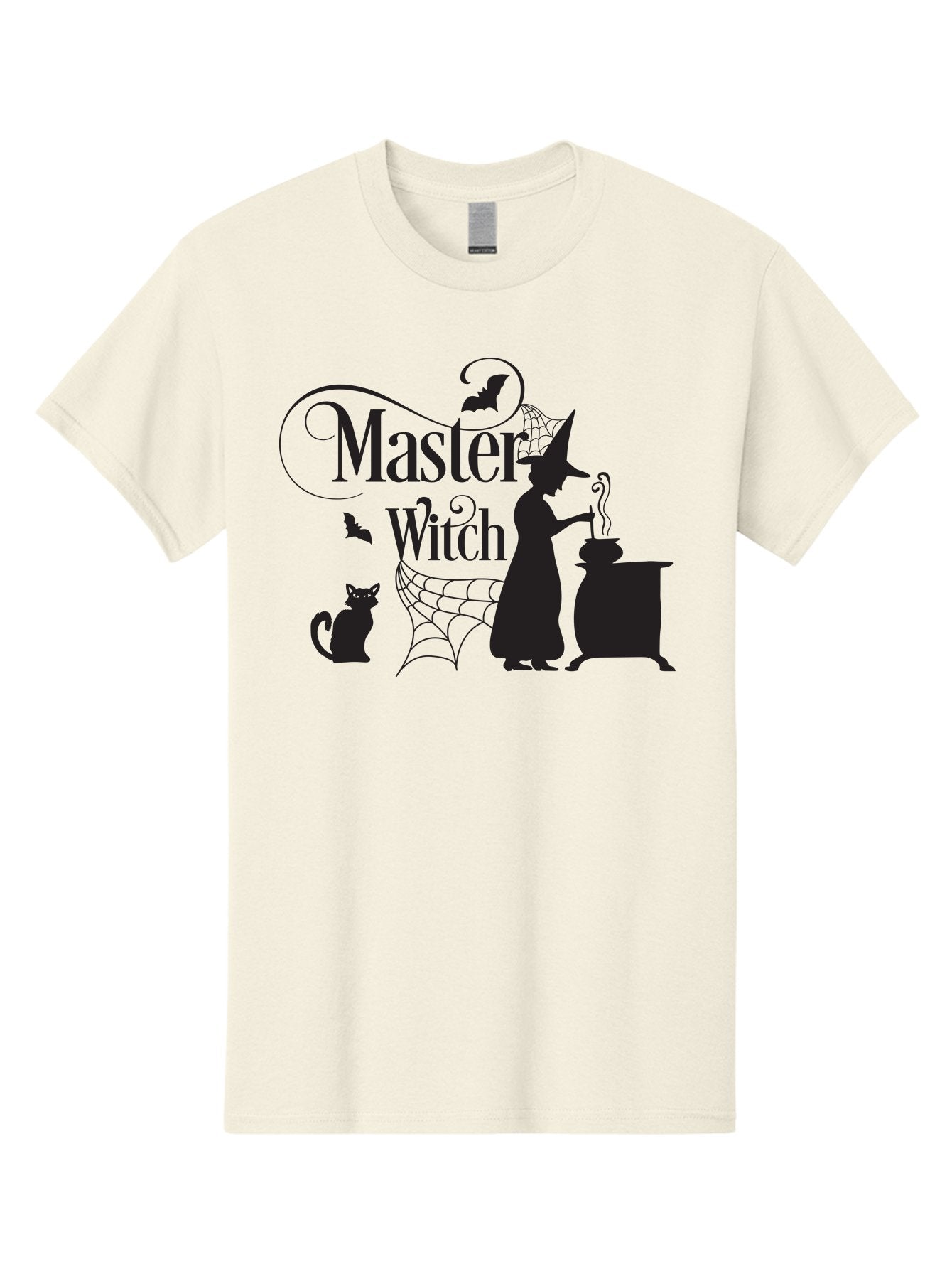 Master-Witch Men'S Graphic Tee, 100% Cotton, Comfortable Casual Summer Wear, Machine Washable, Witch Silhouette, Cauldron, Black Cat, Spider Web, Bats, Mystical Symbols, Witchcraft, Magic, Halloween Theme, Spooky Atmosphere, Mysterious, Aac994 6
