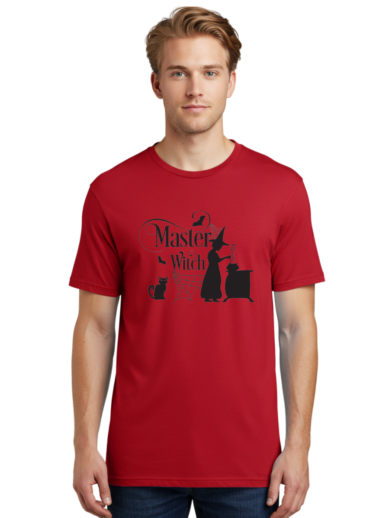 Master-Witch Men'S Graphic Tee, 100% Cotton, Comfortable Casual Summer Wear, Machine Washable, Witch Silhouette, Cauldron, Black Cat, Spider Web, Bats, Mystical Symbols, Witchcraft, Magic, Halloween Theme, Spooky Atmosphere, Mysterious, Aac994 8