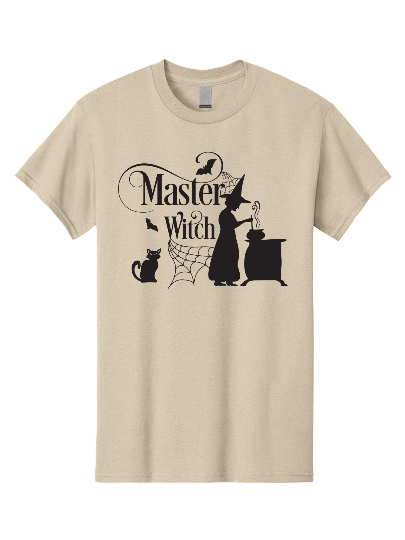 Master-Witch Men'S Graphic Tee, 100% Cotton, Comfortable Casual Summer Wear, Machine Washable, Witch Silhouette, Cauldron, Black Cat, Spider Web, Bats, Mystical Symbols, Witchcraft, Magic, Halloween Theme, Spooky Atmosphere, Mysterious, Aac994 15