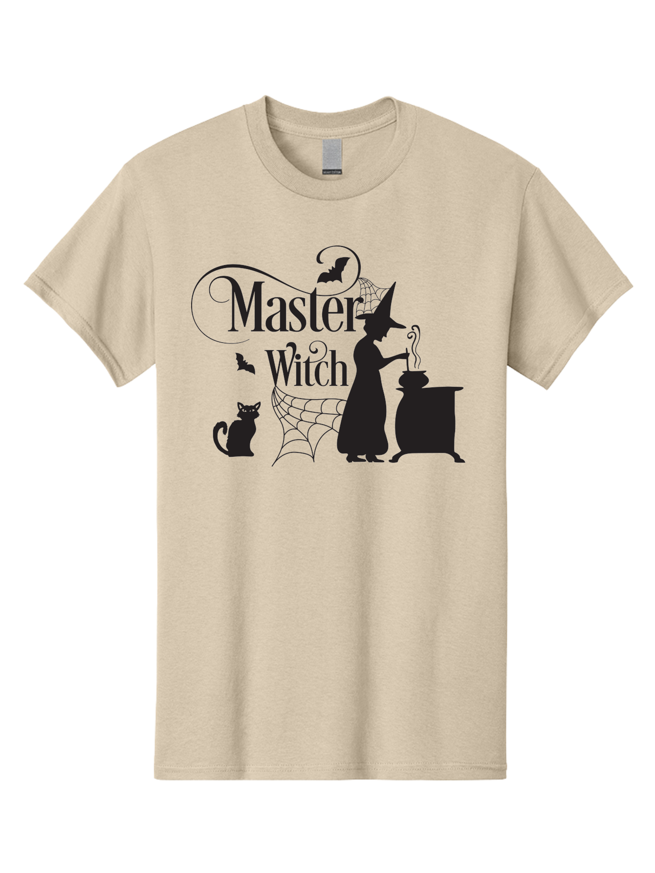 Master-Witch Men'S Graphic Tee, 100% Cotton, Comfortable Casual Summer Wear, Machine Washable, Witch Silhouette, Cauldron, Black Cat, Spider Web, Bats, Mystical Symbols, Witchcraft, Magic, Halloween Theme, Spooky Atmosphere, Mysterious, Aac994