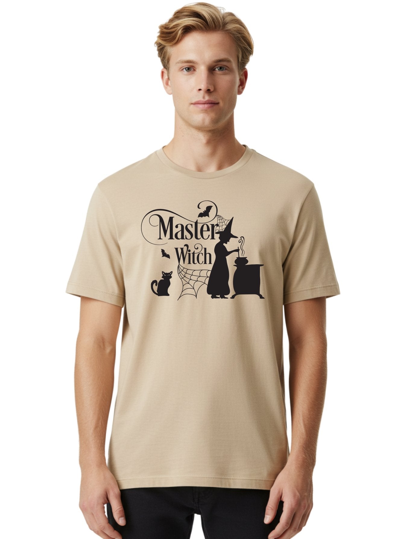 Master-Witch Men'S Graphic Tee, 100% Cotton, Comfortable Casual Summer Wear, Machine Washable, Witch Silhouette, Cauldron, Black Cat, Spider Web, Bats, Mystical Symbols, Witchcraft, Magic, Halloween Theme, Spooky Atmosphere, Mysterious, Aac994 30