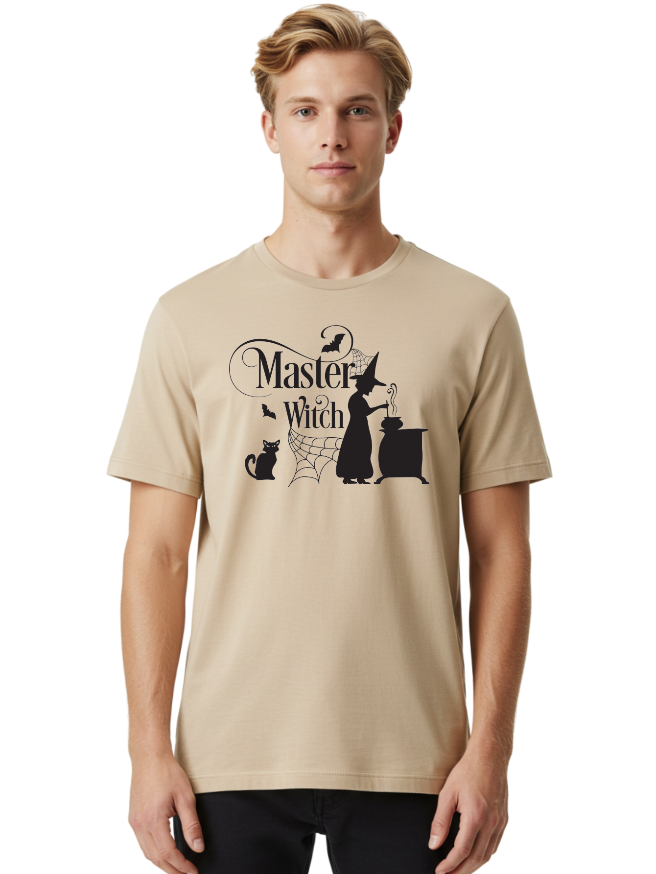 Master-Witch Men'S Graphic Tee, 100% Cotton, Comfortable Casual Summer Wear, Machine Washable, Witch Silhouette, Cauldron, Black Cat, Spider Web, Bats, Mystical Symbols, Witchcraft, Magic, Halloween Theme, Spooky Atmosphere, Mysterious, Aac994