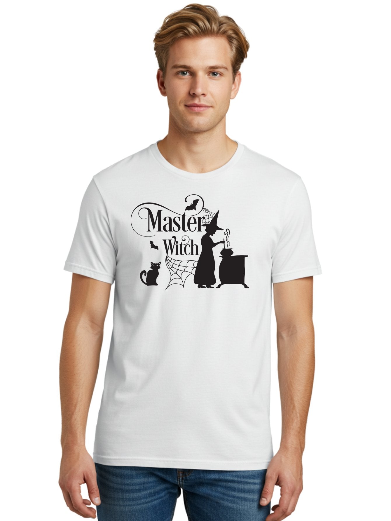 Master-Witch Men'S Graphic Tee, 100% Cotton, Comfortable Casual Summer Wear, Machine Washable, Witch Silhouette, Cauldron, Black Cat, Spider Web, Bats, Mystical Symbols, Witchcraft, Magic, Halloween Theme, Spooky Atmosphere, Mysterious, Aac994 29