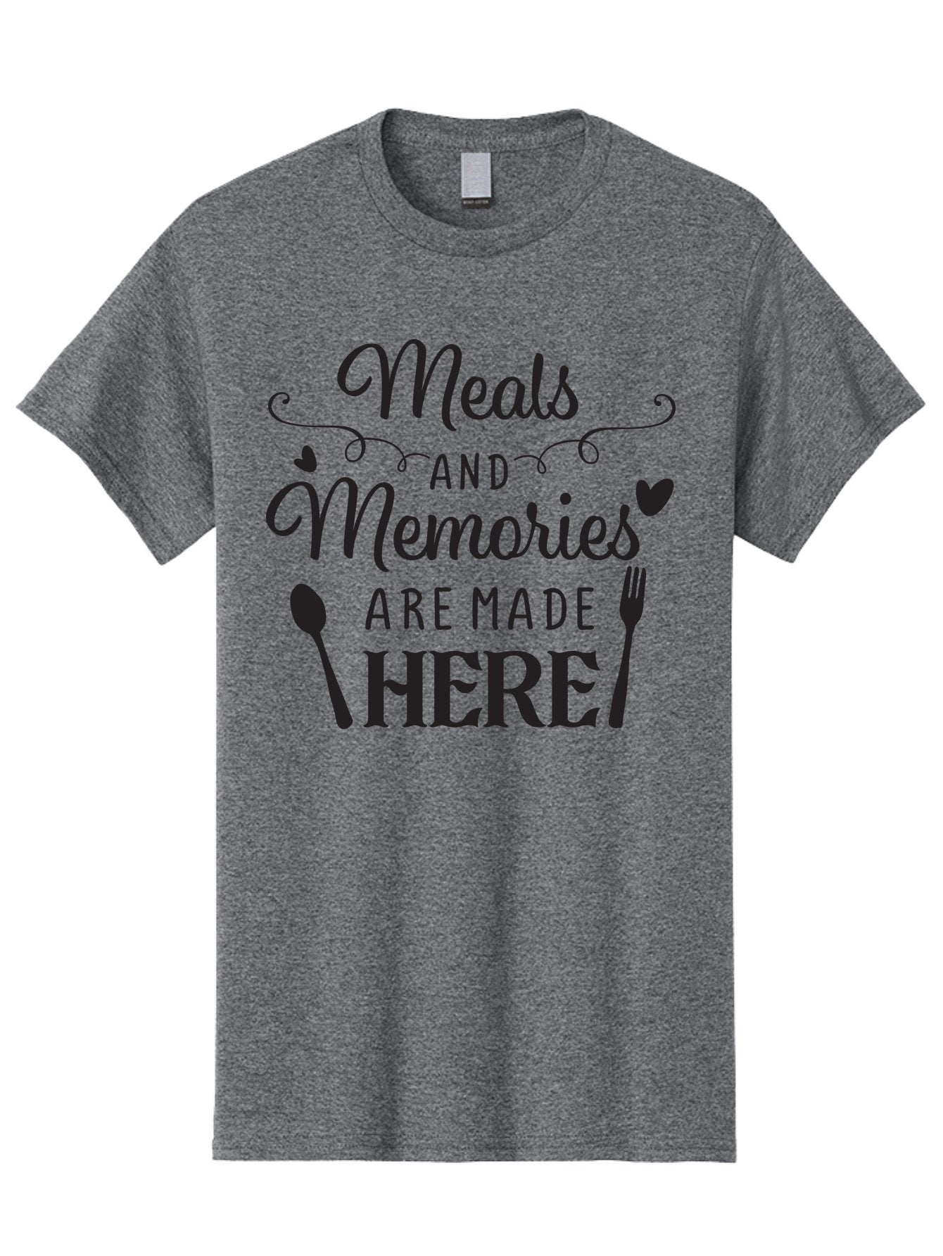 Meals-And-Memories-Are-Made-Here Men'S Graphic Tee, 100% Cotton, Comfortable Casual Summer Wear, Machine Washable, Dining Experience, Culinary Memories, Family Gatherings, Restaurant Signage, Heartfelt Messages, Utensil Illustrations, Aad000
