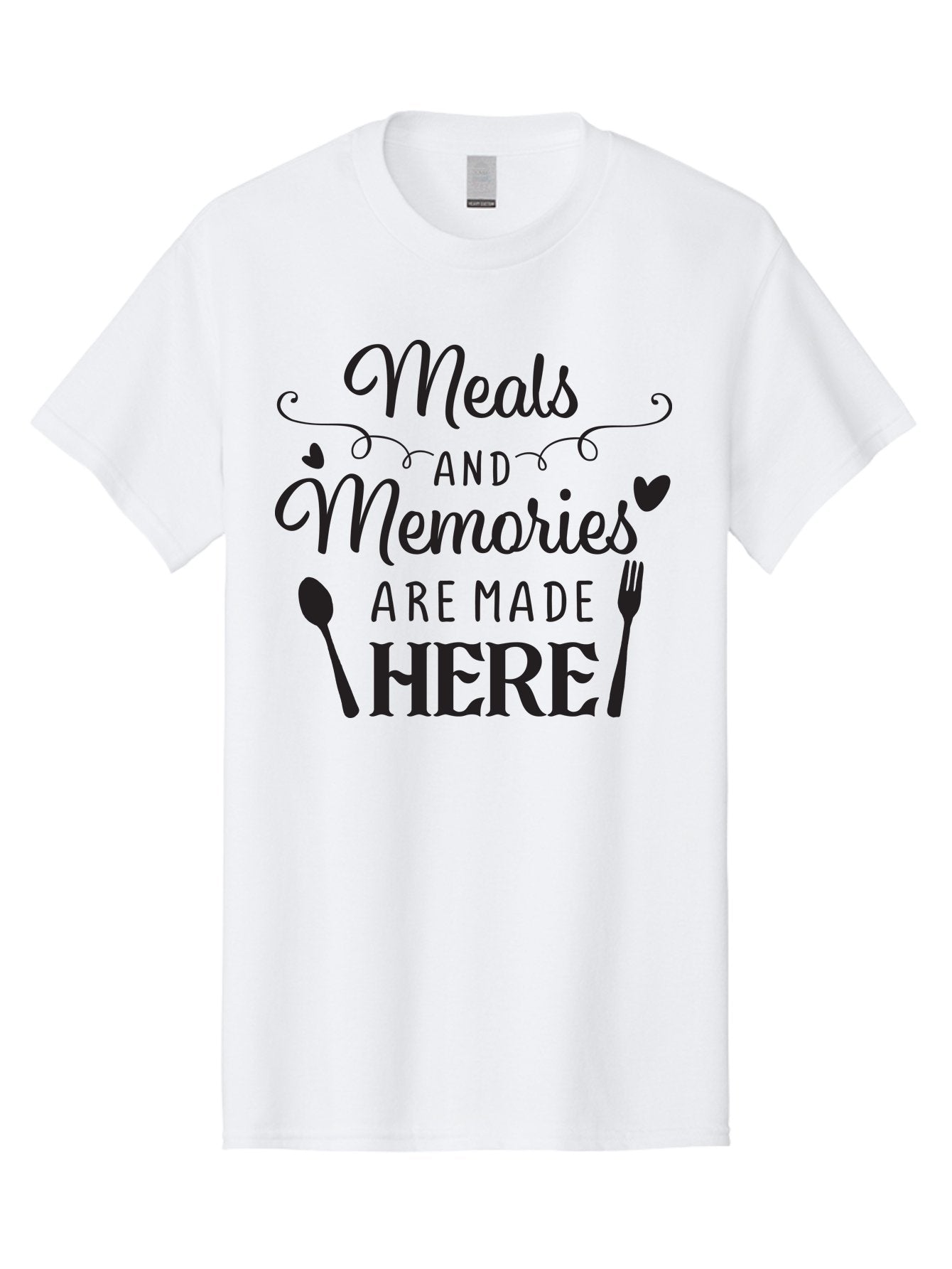Meals-And-Memories-Are-Made-Here Men'S Graphic Tee, 100% Cotton, Comfortable Casual Summer Wear, Machine Washable, Dining Experience, Culinary Memories, Family Gatherings, Restaurant Signage, Heartfelt Messages, Utensil Illustrations, Aad000
