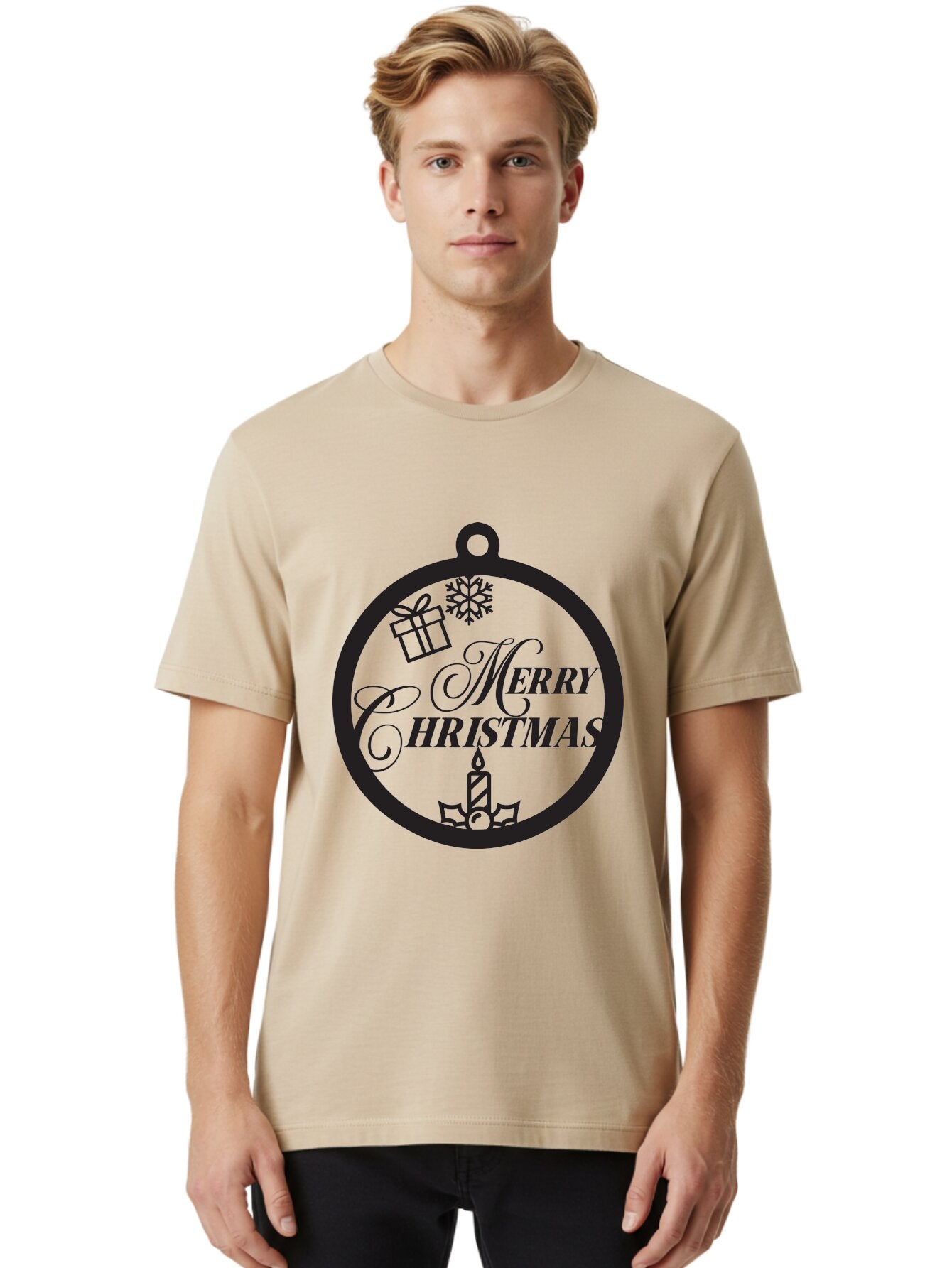 Merry-Christmas Men'S Graphic Tee, 100% Cotton, Comfortable Casual Summer Wear, Machine Washable, Christmas Ornament, Festive Decorations, Holiday Cheer, Merry Christmas Message, Gift Giving, Candlelight, Snowflake, Christmas Gifts, Aad004 16
