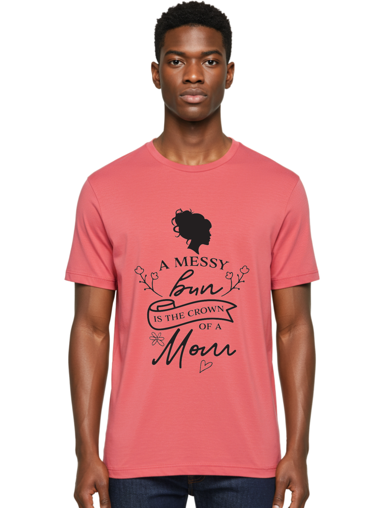 Messy-Bun Men'S Graphic Tee, 100% Cotton, Comfortable Casual Summer Wear, Machine Washable, Messy Bun Hairstyle, Mom Life, Motherhood, Cute Quote, Floral Design, Feminine Charm, Motherly Love, Hair Bun, Inspirational Quote Aad006 12