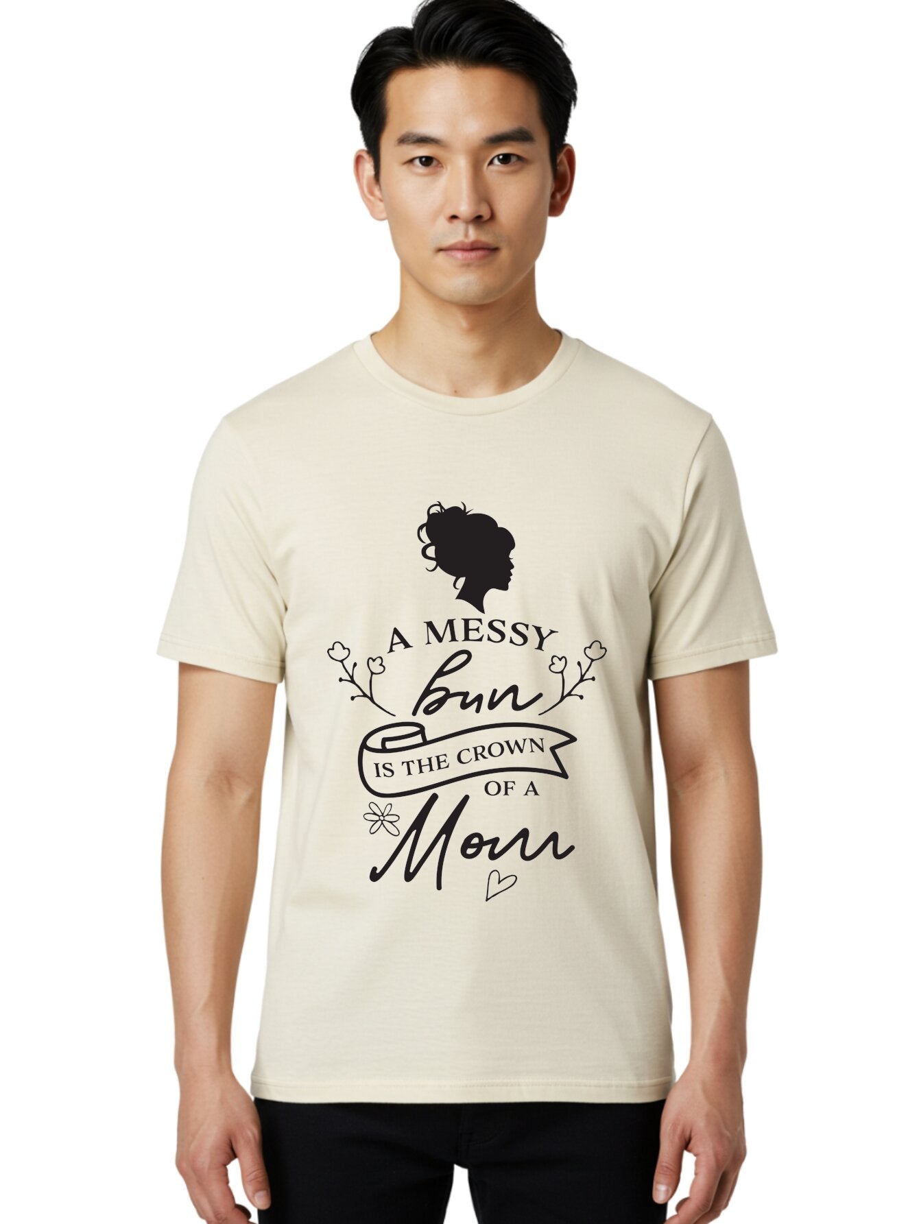 Messy-Bun Men'S Graphic Tee, 100% Cotton, Comfortable Casual Summer Wear, Machine Washable, Messy Bun Hairstyle, Mom Life, Motherhood, Cute Quote, Floral Design, Feminine Charm, Motherly Love, Hair Bun, Inspirational Quote Aad006 21