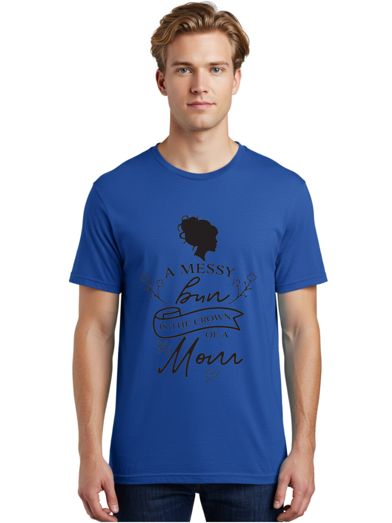 Messy-Bun Men'S Graphic Tee, 100% Cotton, Comfortable Casual Summer Wear, Machine Washable, Messy Bun Hairstyle, Mom Life, Motherhood, Cute Quote, Floral Design, Feminine Charm, Motherly Love, Hair Bun, Inspirational Quote Aad006 6
