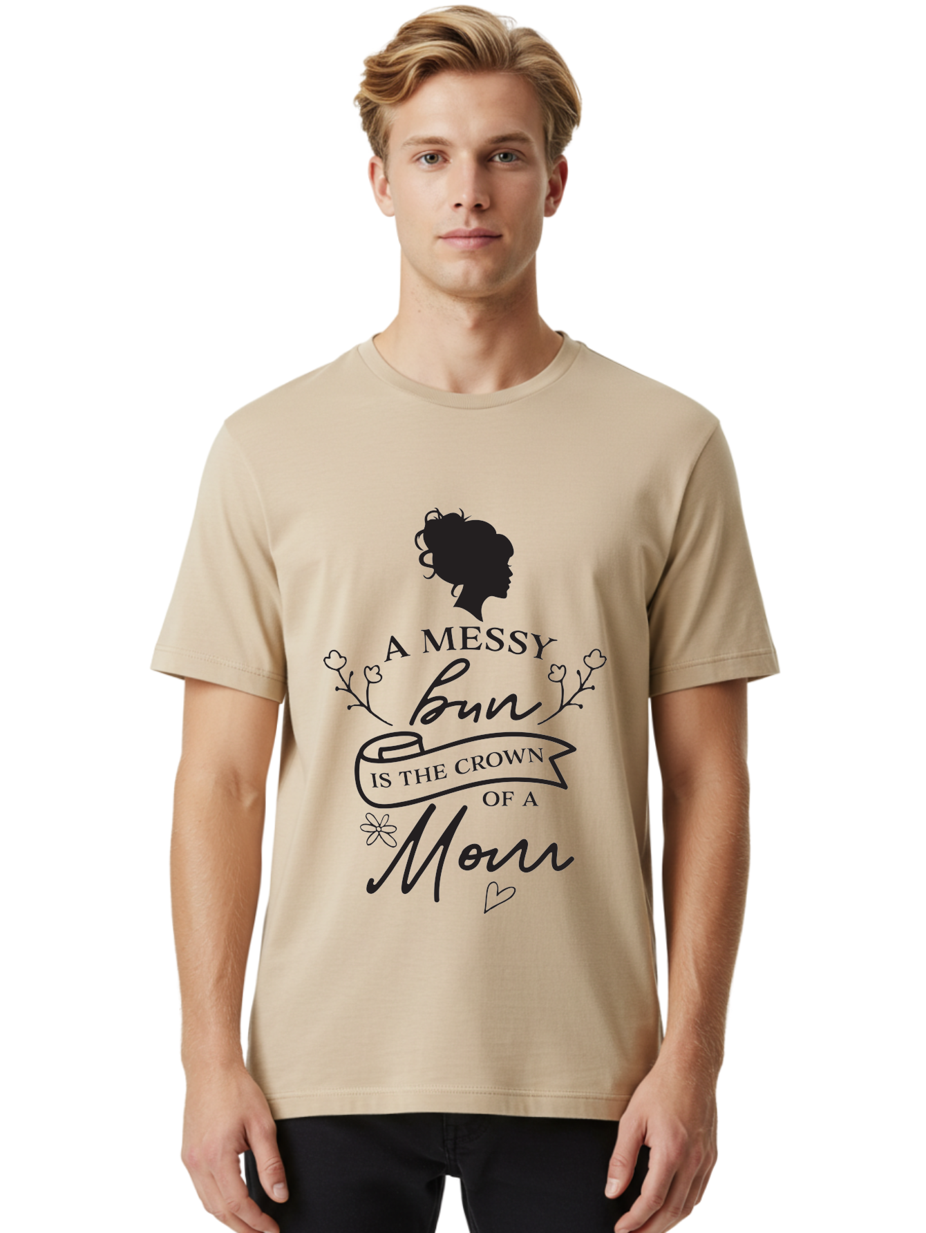 Messy-Bun Men'S Graphic Tee, 100% Cotton, Comfortable Casual Summer Wear, Machine Washable, Messy Bun Hairstyle, Mom Life, Motherhood, Cute Quote, Floral Design, Feminine Charm, Motherly Love, Hair Bun, Inspirational Quote Aad006 14