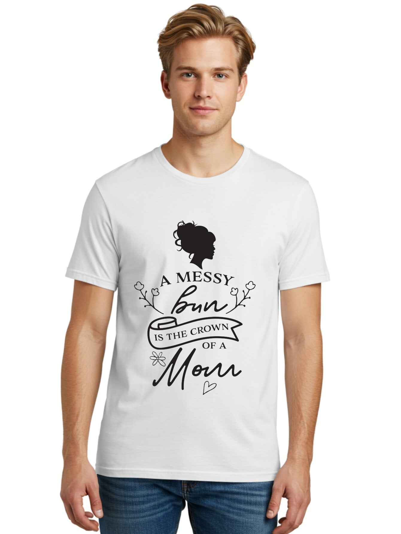 Messy-Bun Men'S Graphic Tee, 100% Cotton, Comfortable Casual Summer Wear, Machine Washable, Messy Bun Hairstyle, Mom Life, Motherhood, Cute Quote, Floral Design, Feminine Charm, Motherly Love, Hair Bun, Inspirational Quote Aad006 16