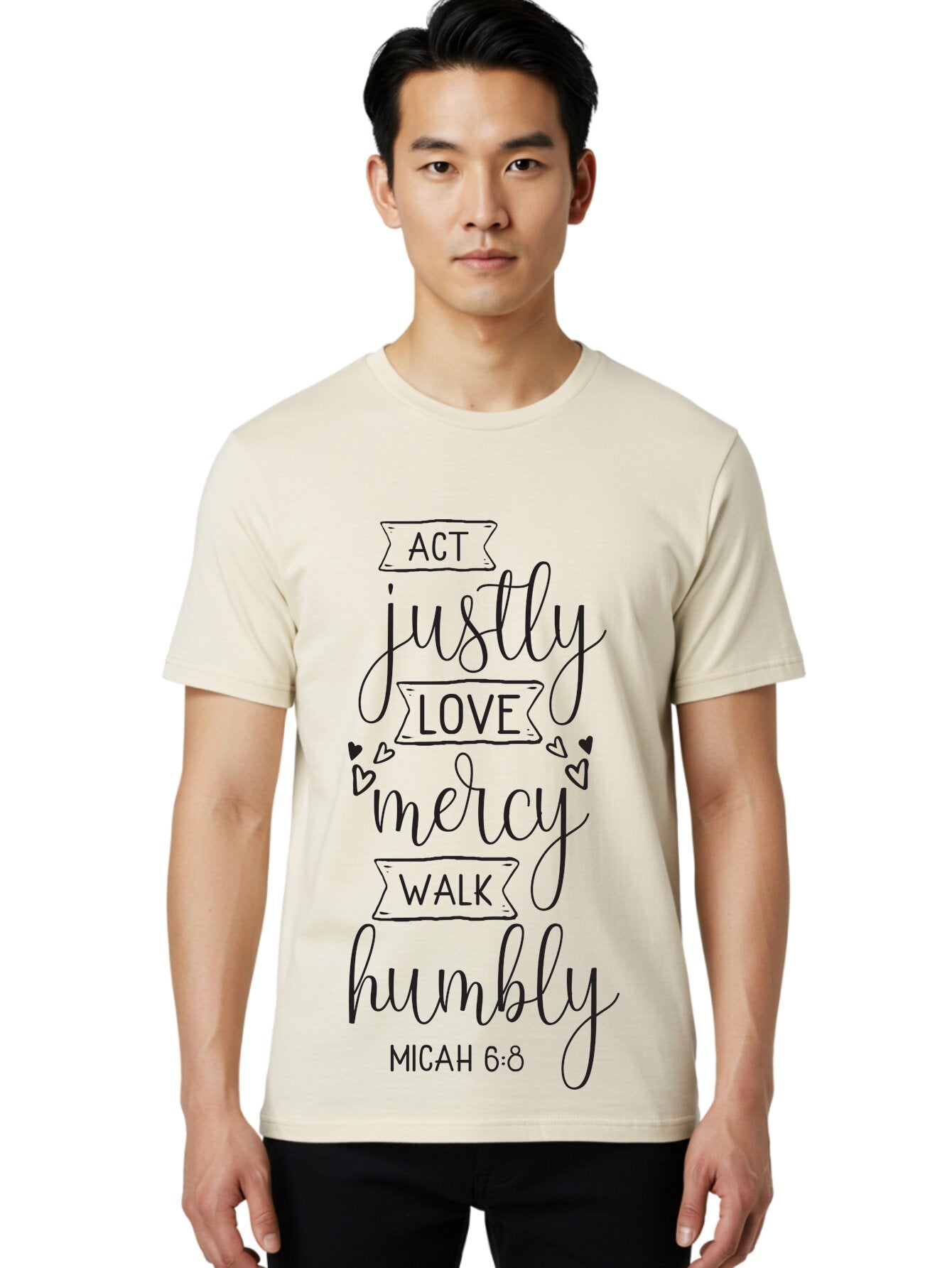 Micah-6-8 Men'S Graphic Tee, 100% Cotton, Comfortable Casual Summer Wear, Machine Washable, Inspirational Quote, Biblical Verse, Micah 6:8, Act Justly, Love Mercy, Walk Humbly, Motivational Words, Heartwarming Message, Kindness, Compassion, Aad007 25