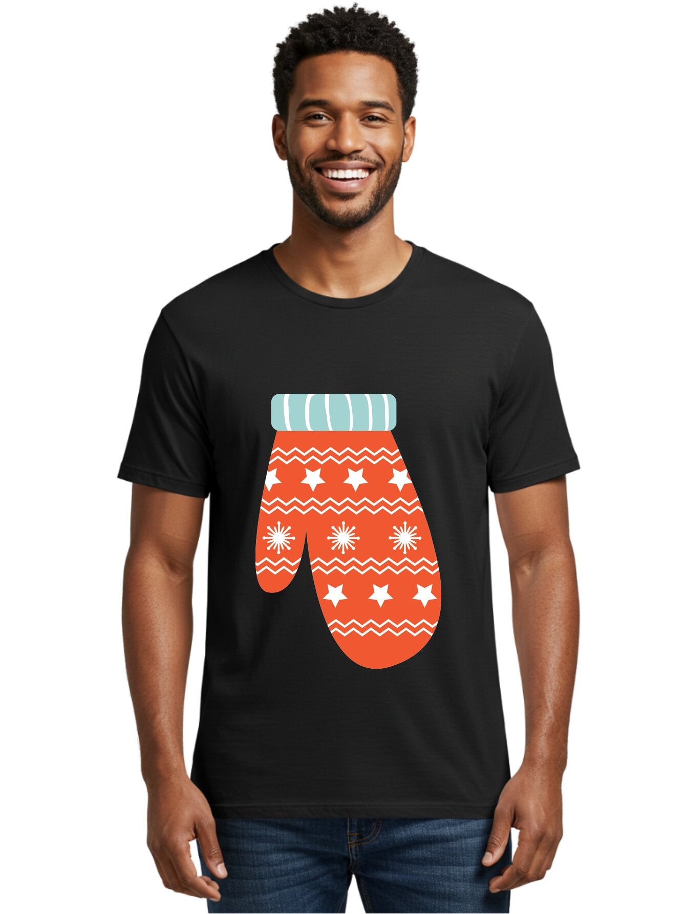 Mitten Men'S Graphic Tee, 100% Cotton, Comfortable Casual Summer Wear, Machine Washable, Red Christmas Mitten, White Snowflakes, White Stars, Zigzag Pattern, Winter Clothing, Holiday Accessories, Festive Design, Cold Weather Gear, Aad009 26