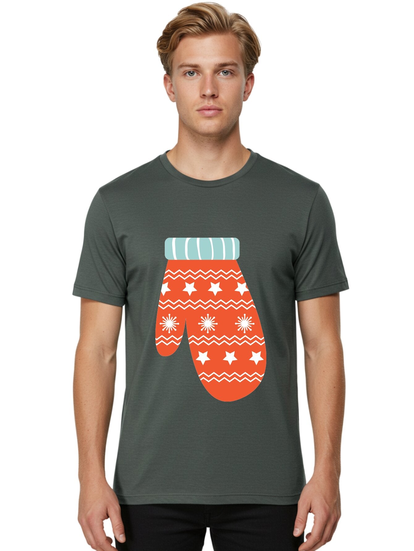 Mitten Men'S Graphic Tee, 100% Cotton, Comfortable Casual Summer Wear, Machine Washable, Red Christmas Mitten, White Snowflakes, White Stars, Zigzag Pattern, Winter Clothing, Holiday Accessories, Festive Design, Cold Weather Gear, Aad009 27