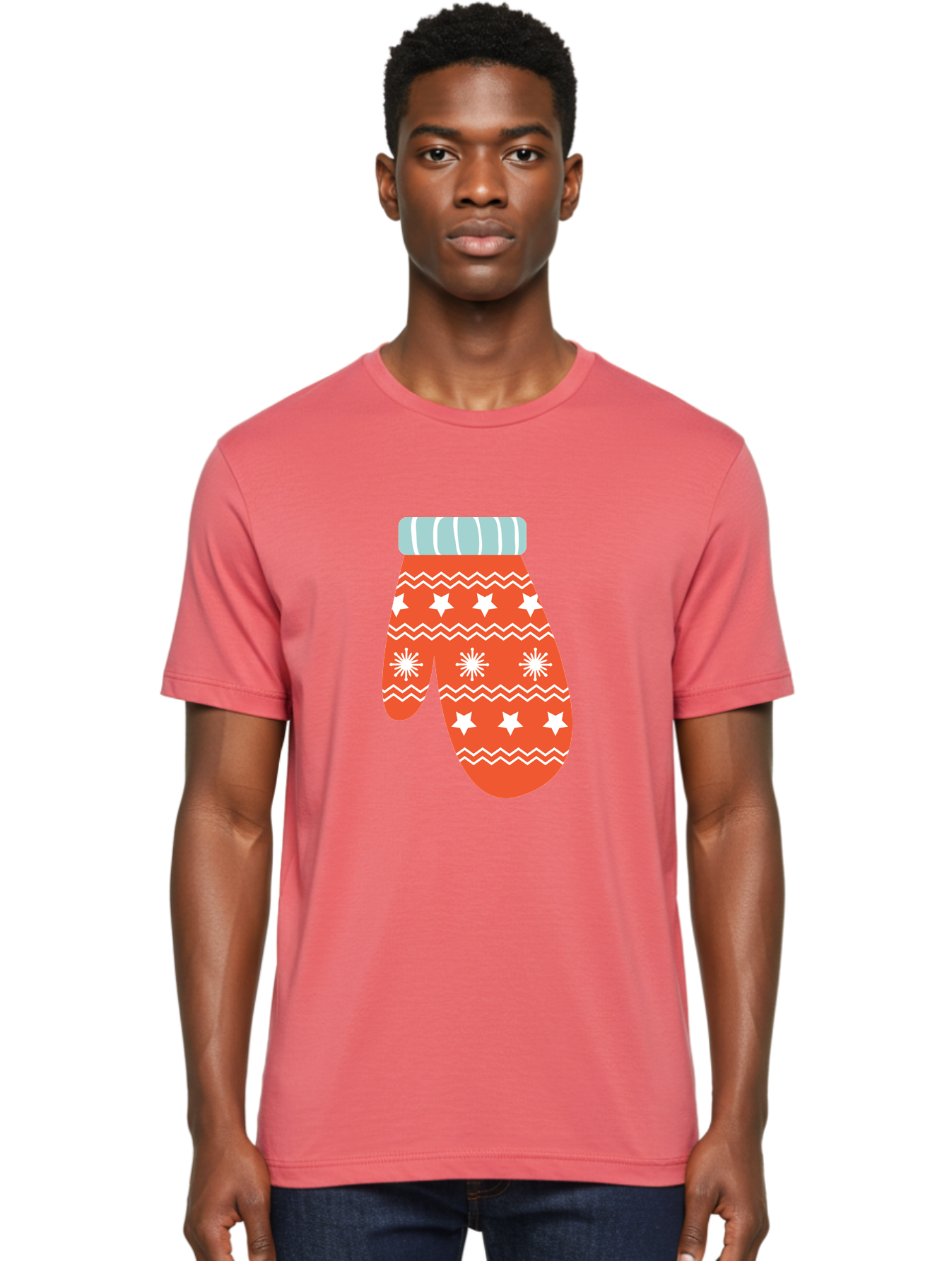 Mitten Men'S Graphic Tee, 100% Cotton, Comfortable Casual Summer Wear, Machine Washable, Red Christmas Mitten, White Snowflakes, White Stars, Zigzag Pattern, Winter Clothing, Holiday Accessories, Festive Design, Cold Weather Gear, Aad009 6