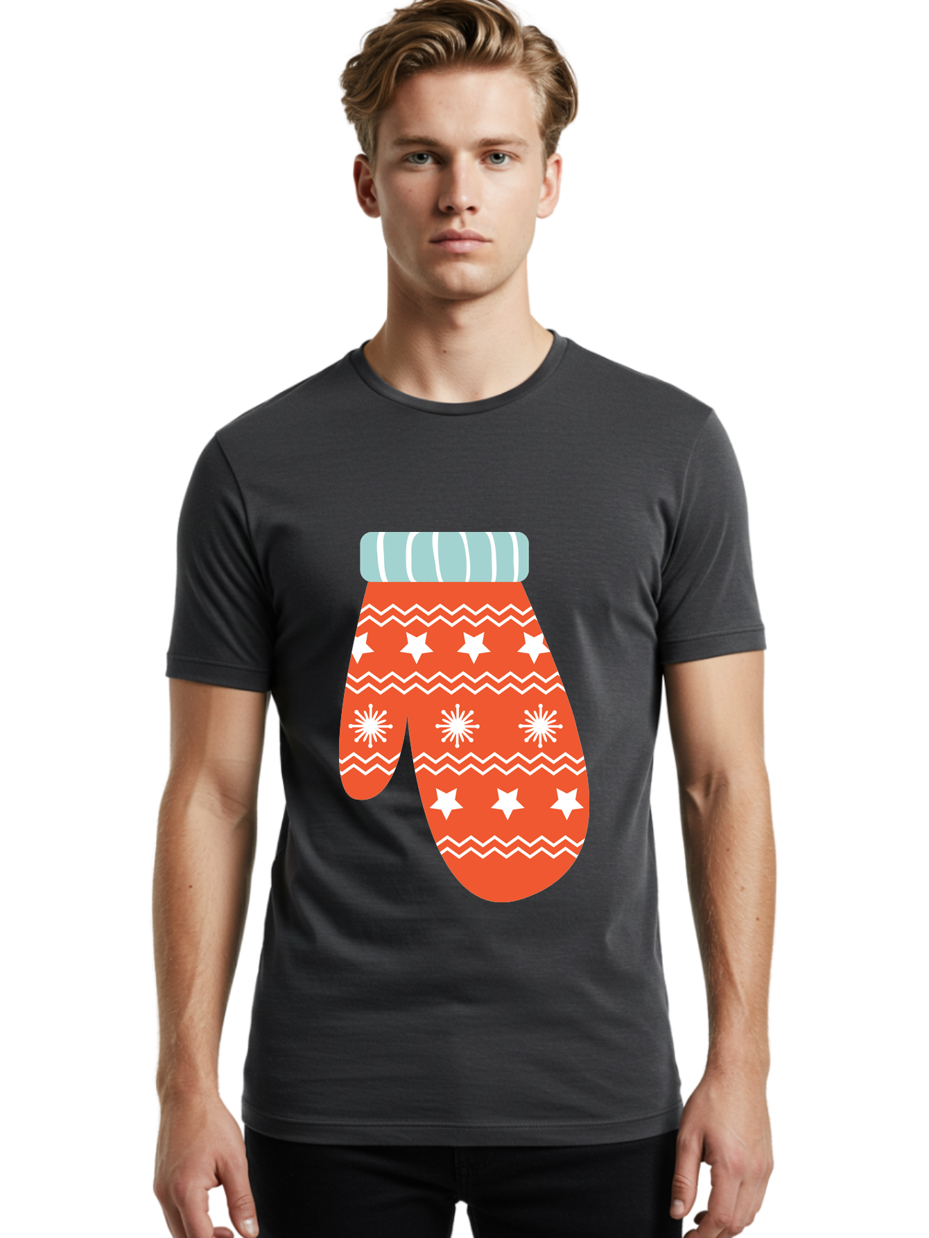 Mitten Men'S Graphic Tee, 100% Cotton, Comfortable Casual Summer Wear, Machine Washable, Red Christmas Mitten, White Snowflakes, White Stars, Zigzag Pattern, Winter Clothing, Holiday Accessories, Festive Design, Cold Weather Gear, Aad009 14