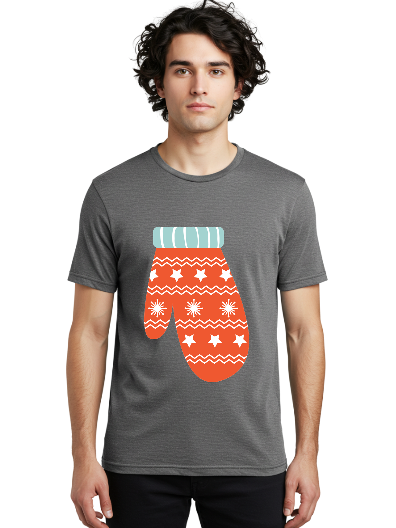 Mitten Men'S Graphic Tee, 100% Cotton, Comfortable Casual Summer Wear, Machine Washable, Red Christmas Mitten, White Snowflakes, White Stars, Zigzag Pattern, Winter Clothing, Holiday Accessories, Festive Design, Cold Weather Gear, Aad009 30
