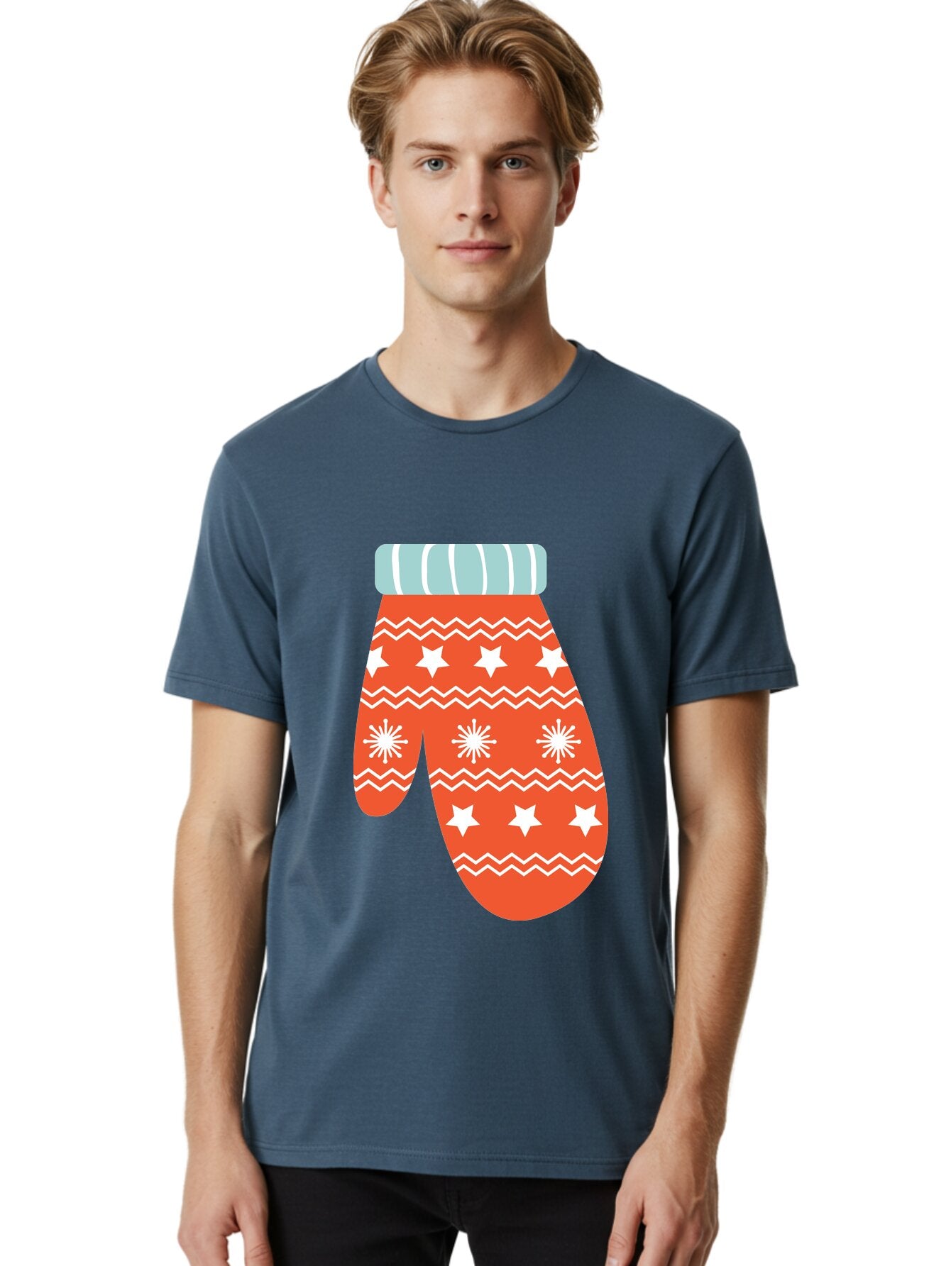 Mitten Men'S Graphic Tee, 100% Cotton, Comfortable Casual Summer Wear, Machine Washable, Red Christmas Mitten, White Snowflakes, White Stars, Zigzag Pattern, Winter Clothing, Holiday Accessories, Festive Design, Cold Weather Gear, Aad009 16