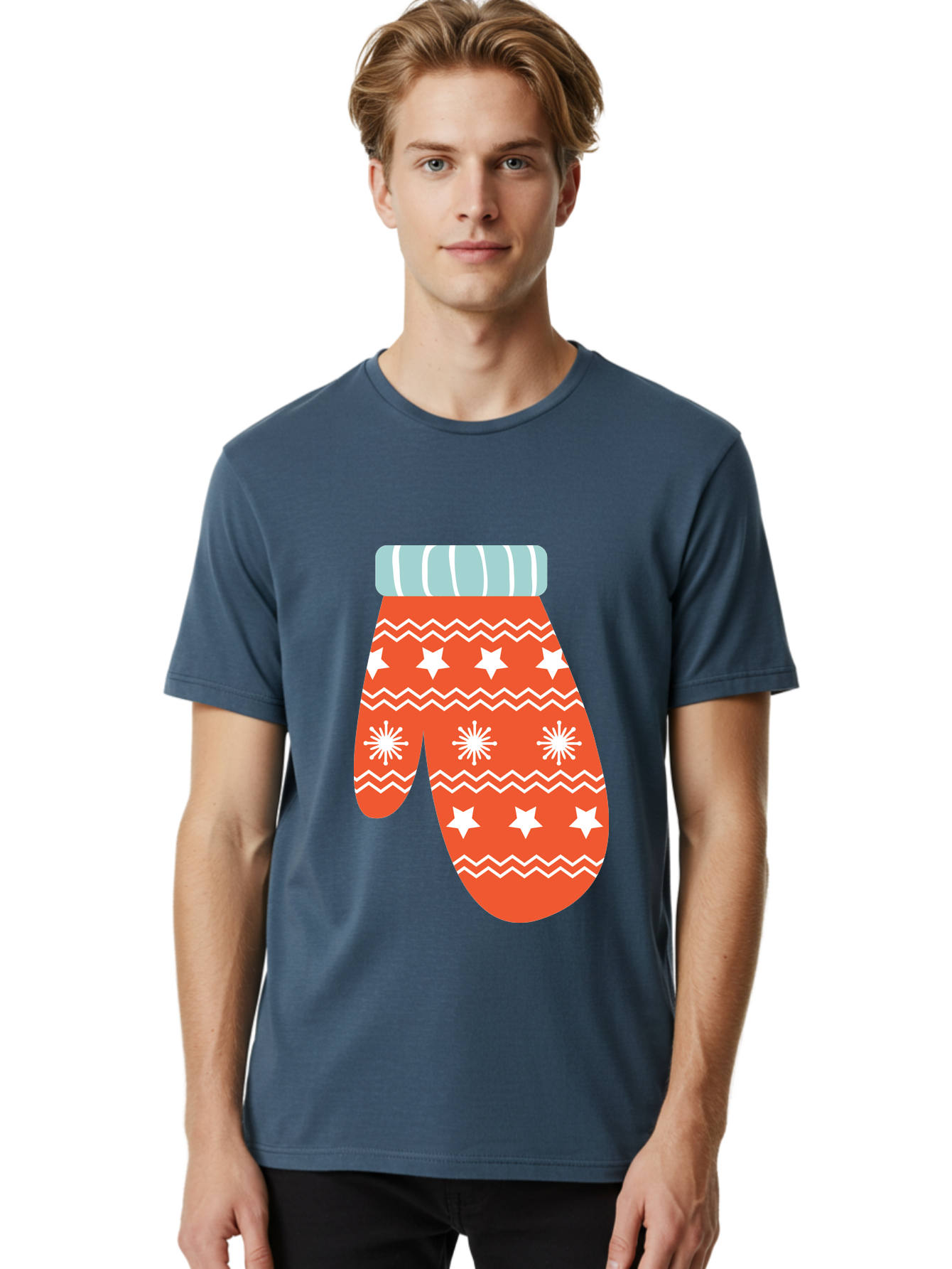 Mitten Men'S Graphic Tee, 100% Cotton, Comfortable Casual Summer Wear, Machine Washable, Red Christmas Mitten, White Snowflakes, White Stars, Zigzag Pattern, Winter Clothing, Holiday Accessories, Festive Design, Cold Weather Gear, Aad009 26