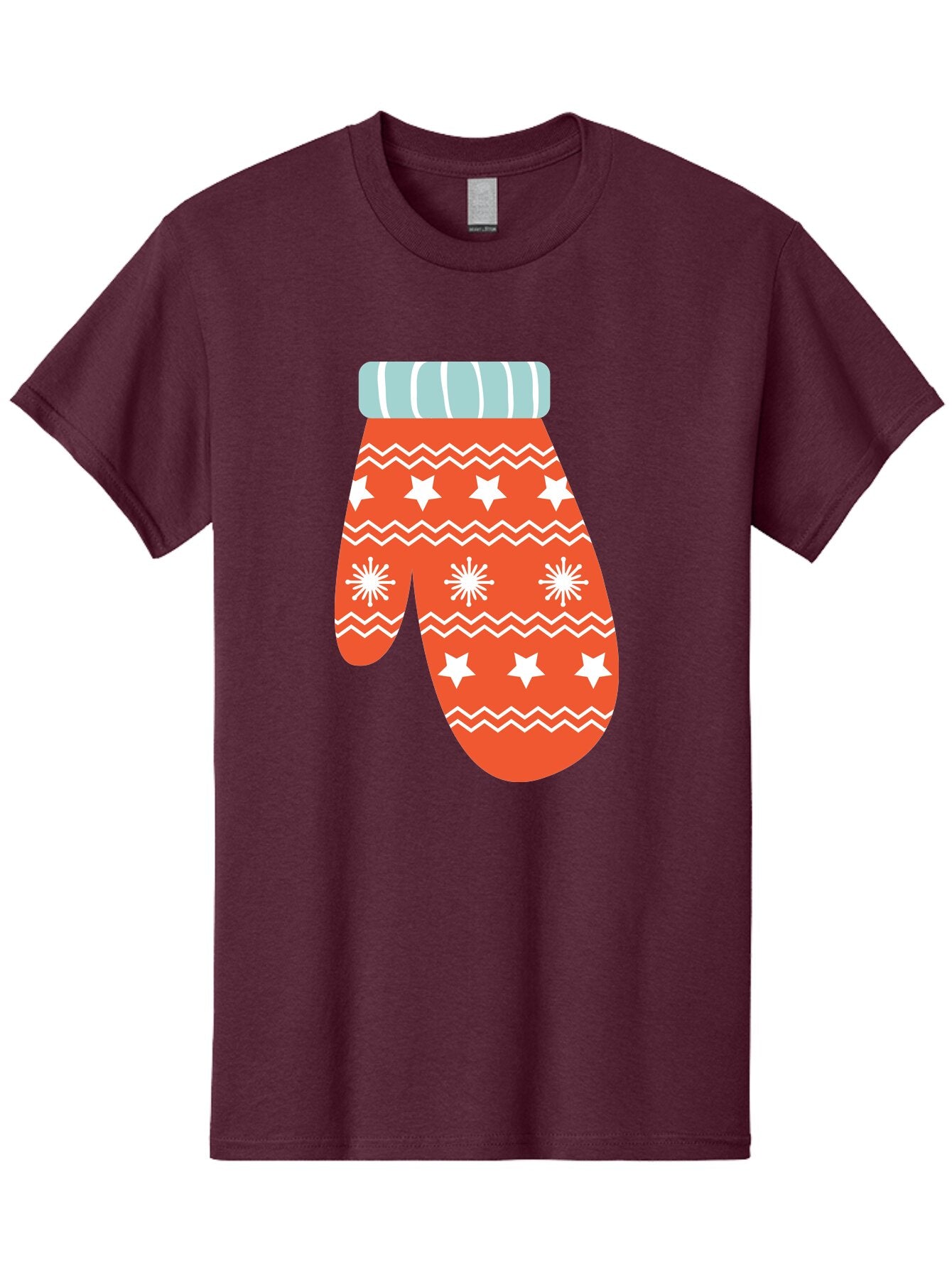 Mitten Men'S Graphic Tee, 100% Cotton, Comfortable Casual Summer Wear, Machine Washable, Red Christmas Mitten, White Snowflakes, White Stars, Zigzag Pattern, Winter Clothing, Holiday Accessories, Festive Design, Cold Weather Gear, Aad009 4