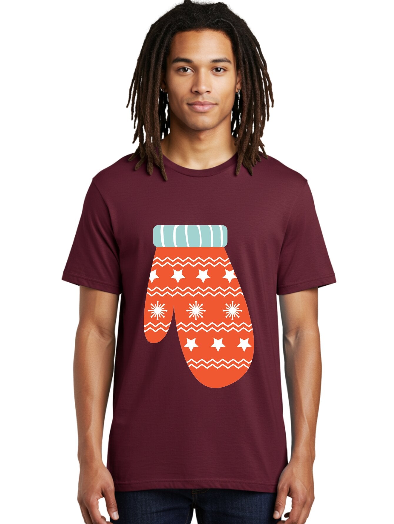 Mitten Men'S Graphic Tee, 100% Cotton, Comfortable Casual Summer Wear, Machine Washable, Red Christmas Mitten, White Snowflakes, White Stars, Zigzag Pattern, Winter Clothing, Holiday Accessories, Festive Design, Cold Weather Gear, Aad009 18