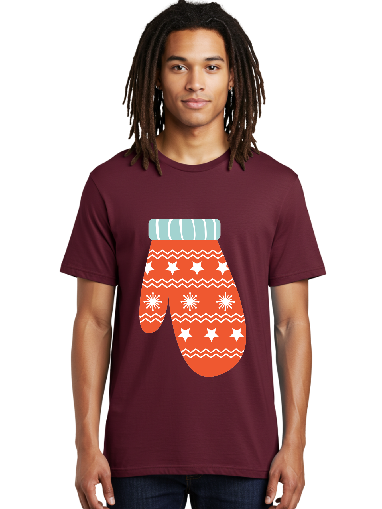 Mitten Men'S Graphic Tee, 100% Cotton, Comfortable Casual Summer Wear, Machine Washable, Red Christmas Mitten, White Snowflakes, White Stars, Zigzag Pattern, Winter Clothing, Holiday Accessories, Festive Design, Cold Weather Gear, Aad009 24