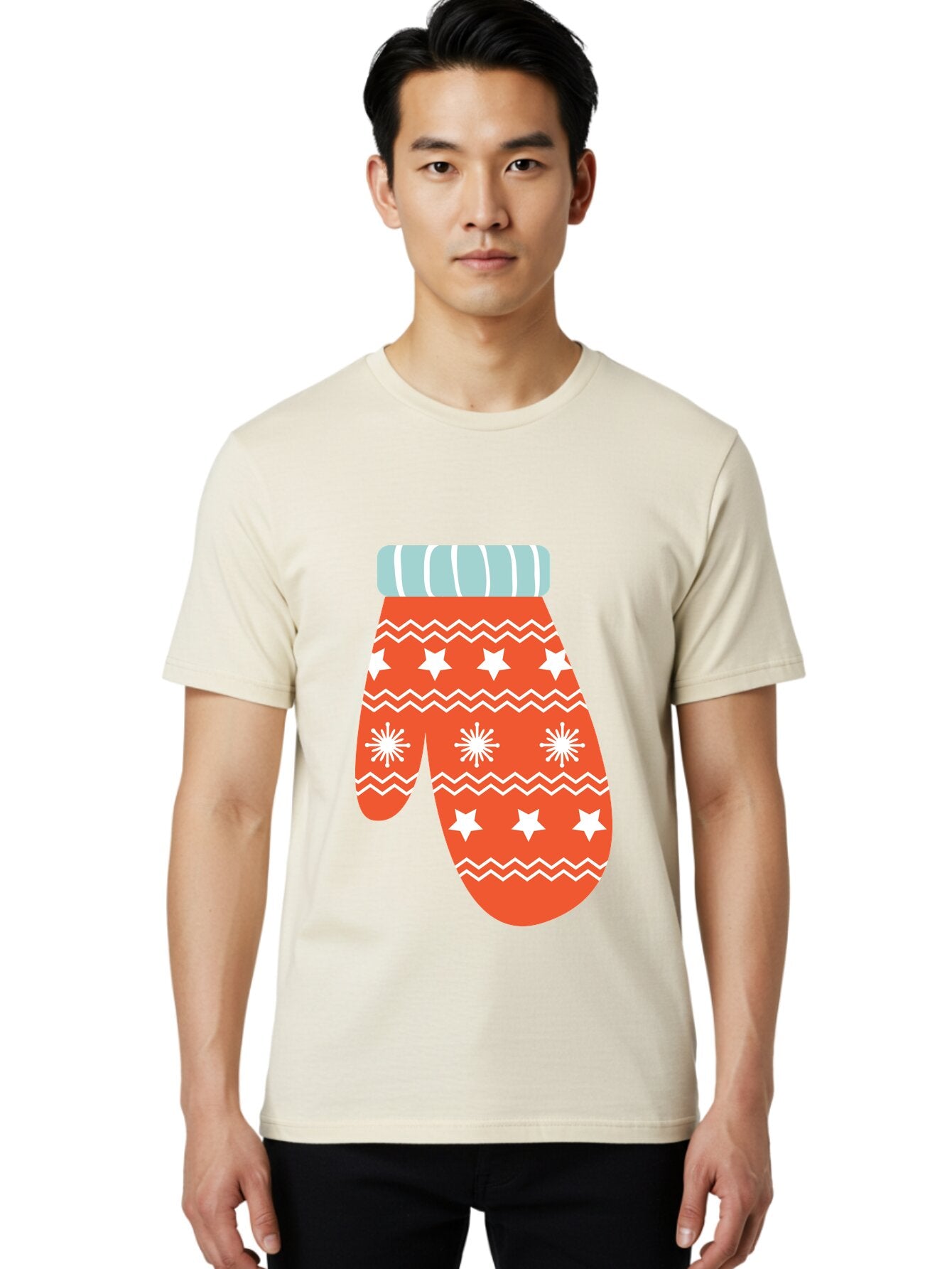 Mitten Men'S Graphic Tee, 100% Cotton, Comfortable Casual Summer Wear, Machine Washable, Red Christmas Mitten, White Snowflakes, White Stars, Zigzag Pattern, Winter Clothing, Holiday Accessories, Festive Design, Cold Weather Gear, Aad009 30