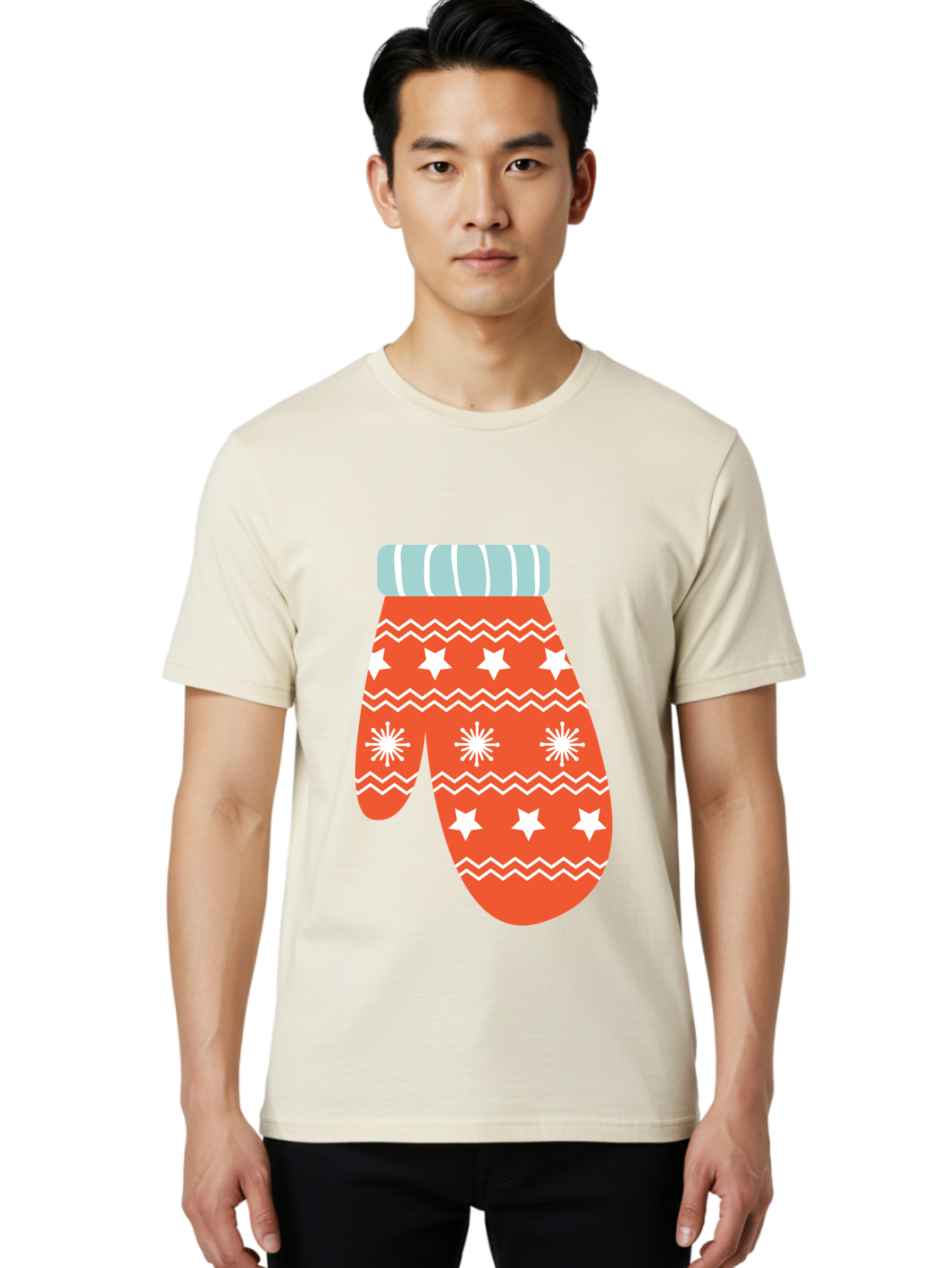 Mitten Men'S Graphic Tee, 100% Cotton, Comfortable Casual Summer Wear, Machine Washable, Red Christmas Mitten, White Snowflakes, White Stars, Zigzag Pattern, Winter Clothing, Holiday Accessories, Festive Design, Cold Weather Gear, Aad009