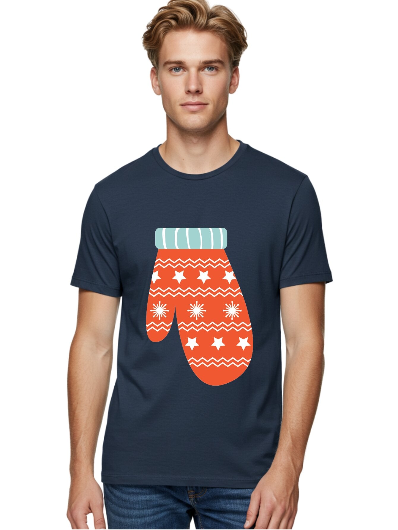 Mitten Men'S Graphic Tee, 100% Cotton, Comfortable Casual Summer Wear, Machine Washable, Red Christmas Mitten, White Snowflakes, White Stars, Zigzag Pattern, Winter Clothing, Holiday Accessories, Festive Design, Cold Weather Gear, Aad009 22