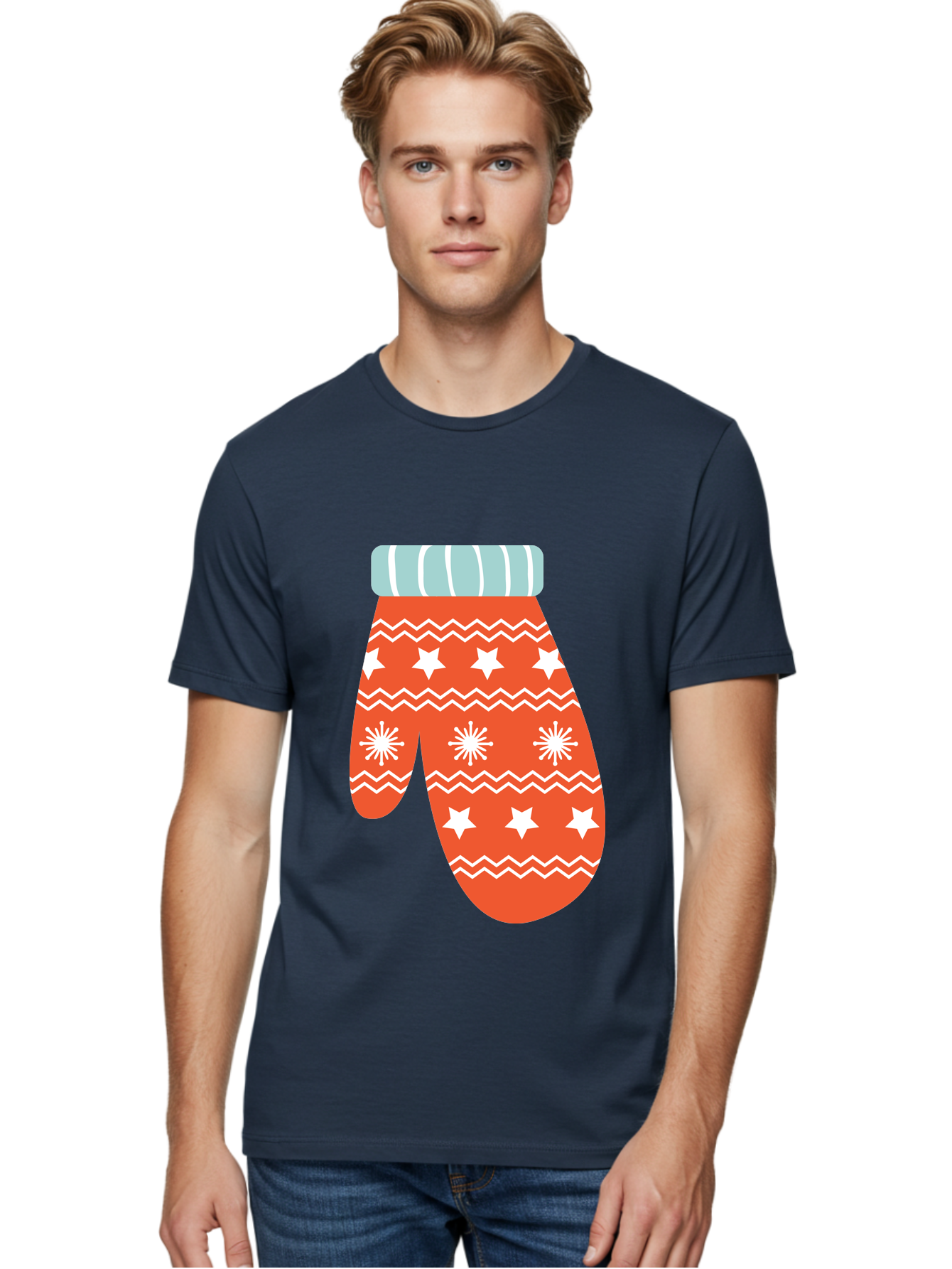 Mitten Men'S Graphic Tee, 100% Cotton, Comfortable Casual Summer Wear, Machine Washable, Red Christmas Mitten, White Snowflakes, White Stars, Zigzag Pattern, Winter Clothing, Holiday Accessories, Festive Design, Cold Weather Gear, Aad009 18