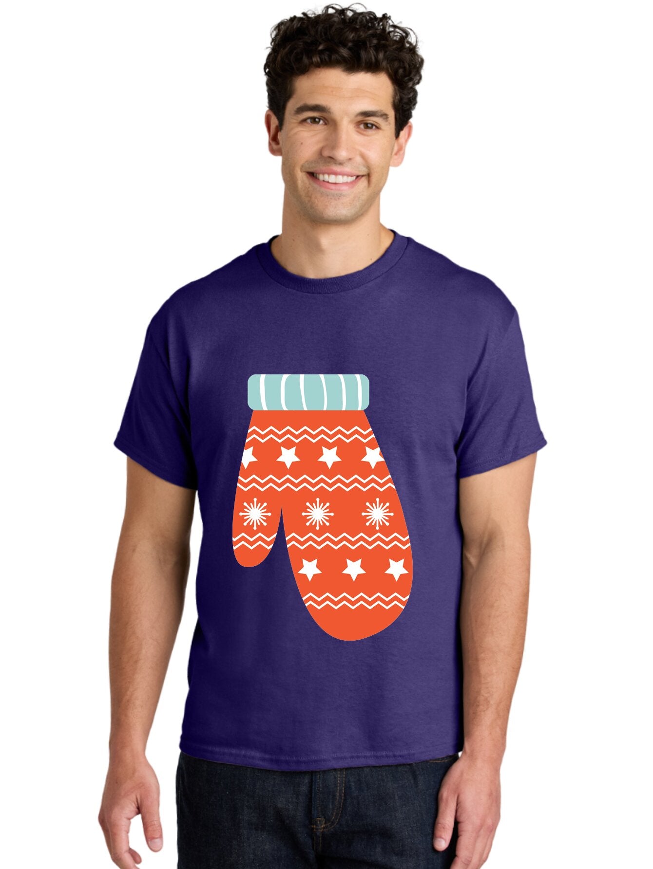 Mitten Men'S Graphic Tee, 100% Cotton, Comfortable Casual Summer Wear, Machine Washable, Red Christmas Mitten, White Snowflakes, White Stars, Zigzag Pattern, Winter Clothing, Holiday Accessories, Festive Design, Cold Weather Gear, Aad009 17