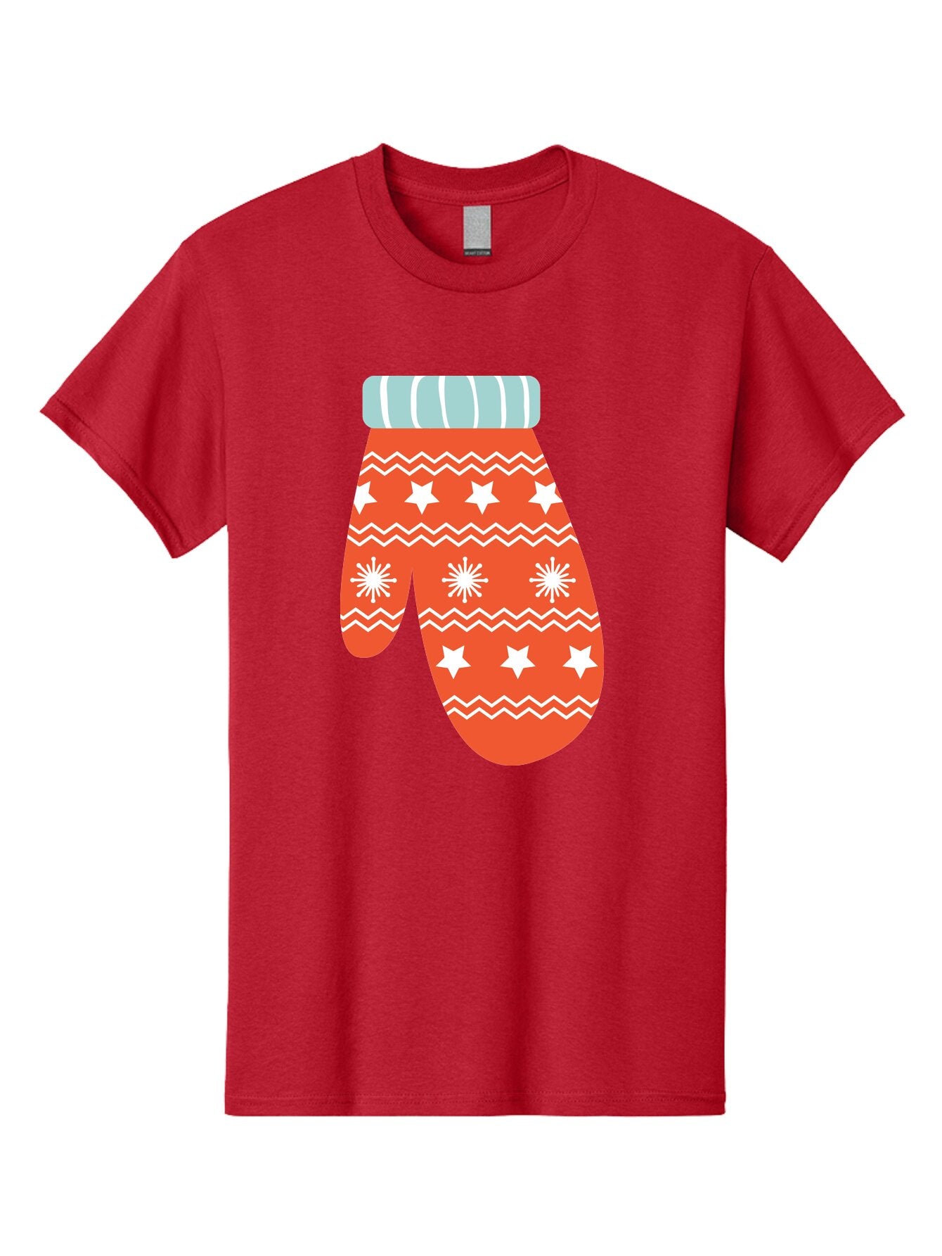 Mitten Men'S Graphic Tee, 100% Cotton, Comfortable Casual Summer Wear, Machine Washable, Red Christmas Mitten, White Snowflakes, White Stars, Zigzag Pattern, Winter Clothing, Holiday Accessories, Festive Design, Cold Weather Gear, Aad009