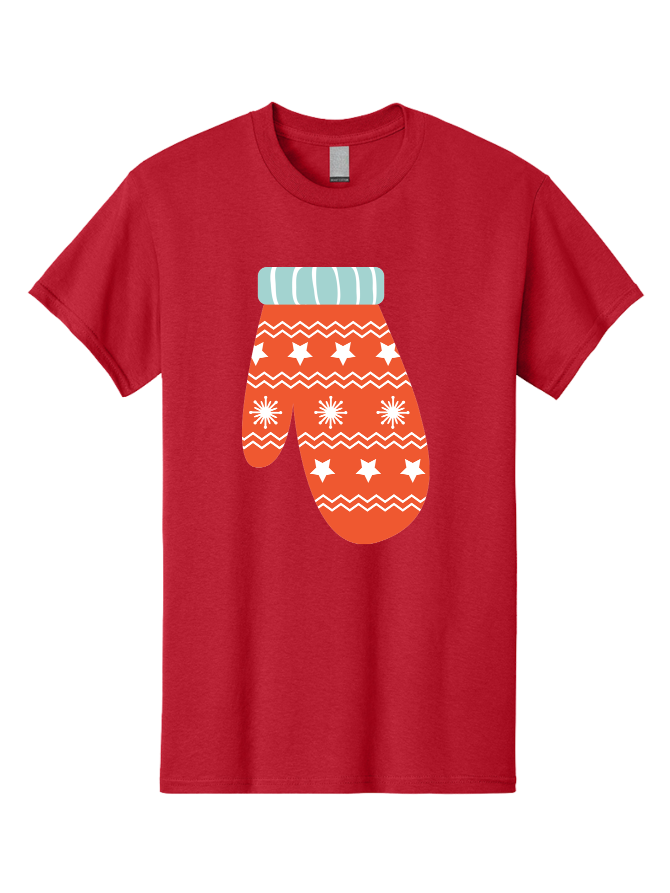 Mitten Men'S Graphic Tee, 100% Cotton, Comfortable Casual Summer Wear, Machine Washable, Red Christmas Mitten, White Snowflakes, White Stars, Zigzag Pattern, Winter Clothing, Holiday Accessories, Festive Design, Cold Weather Gear, Aad009 19
