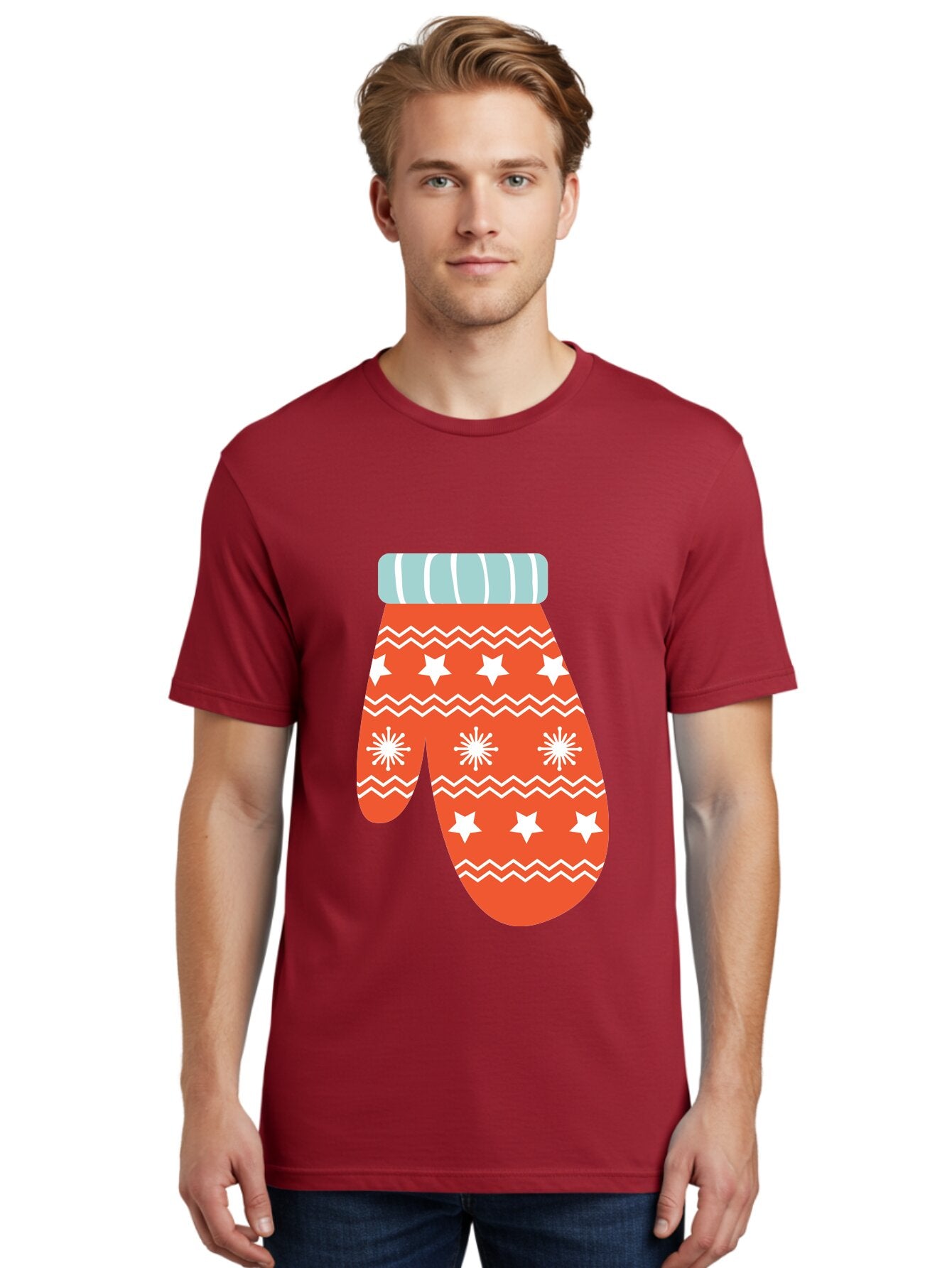 Mitten Men'S Graphic Tee, 100% Cotton, Comfortable Casual Summer Wear, Machine Washable, Red Christmas Mitten, White Snowflakes, White Stars, Zigzag Pattern, Winter Clothing, Holiday Accessories, Festive Design, Cold Weather Gear, Aad009 21