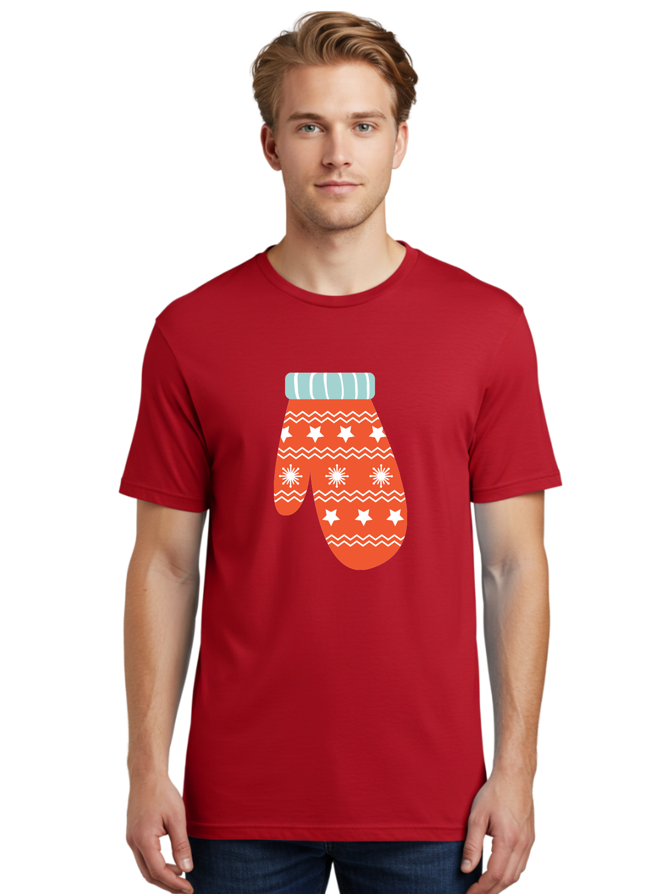 Mitten Men'S Graphic Tee, 100% Cotton, Comfortable Casual Summer Wear, Machine Washable, Red Christmas Mitten, White Snowflakes, White Stars, Zigzag Pattern, Winter Clothing, Holiday Accessories, Festive Design, Cold Weather Gear, Aad009 20