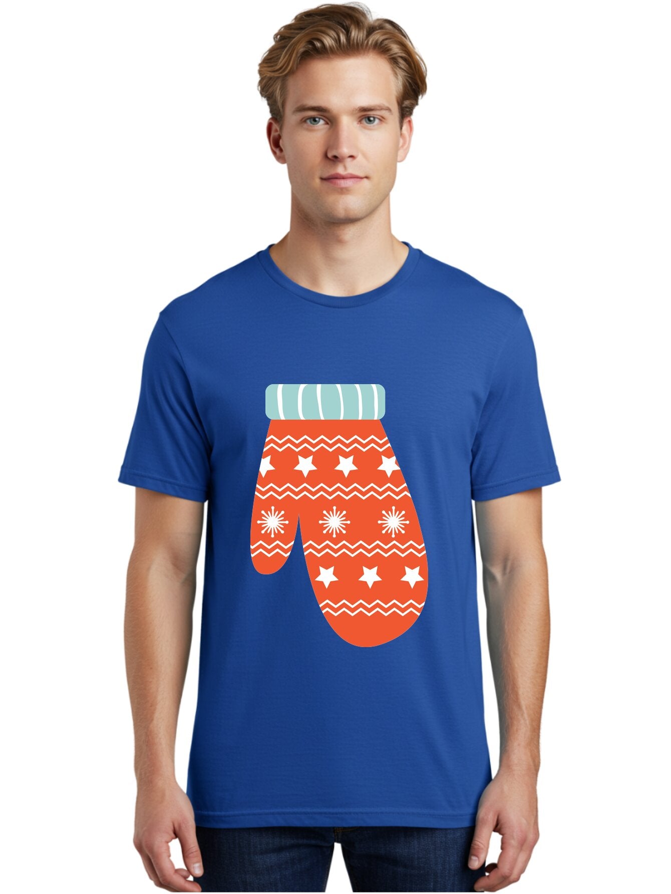 Mitten Men'S Graphic Tee, 100% Cotton, Comfortable Casual Summer Wear, Machine Washable, Red Christmas Mitten, White Snowflakes, White Stars, Zigzag Pattern, Winter Clothing, Holiday Accessories, Festive Design, Cold Weather Gear, Aad009 23