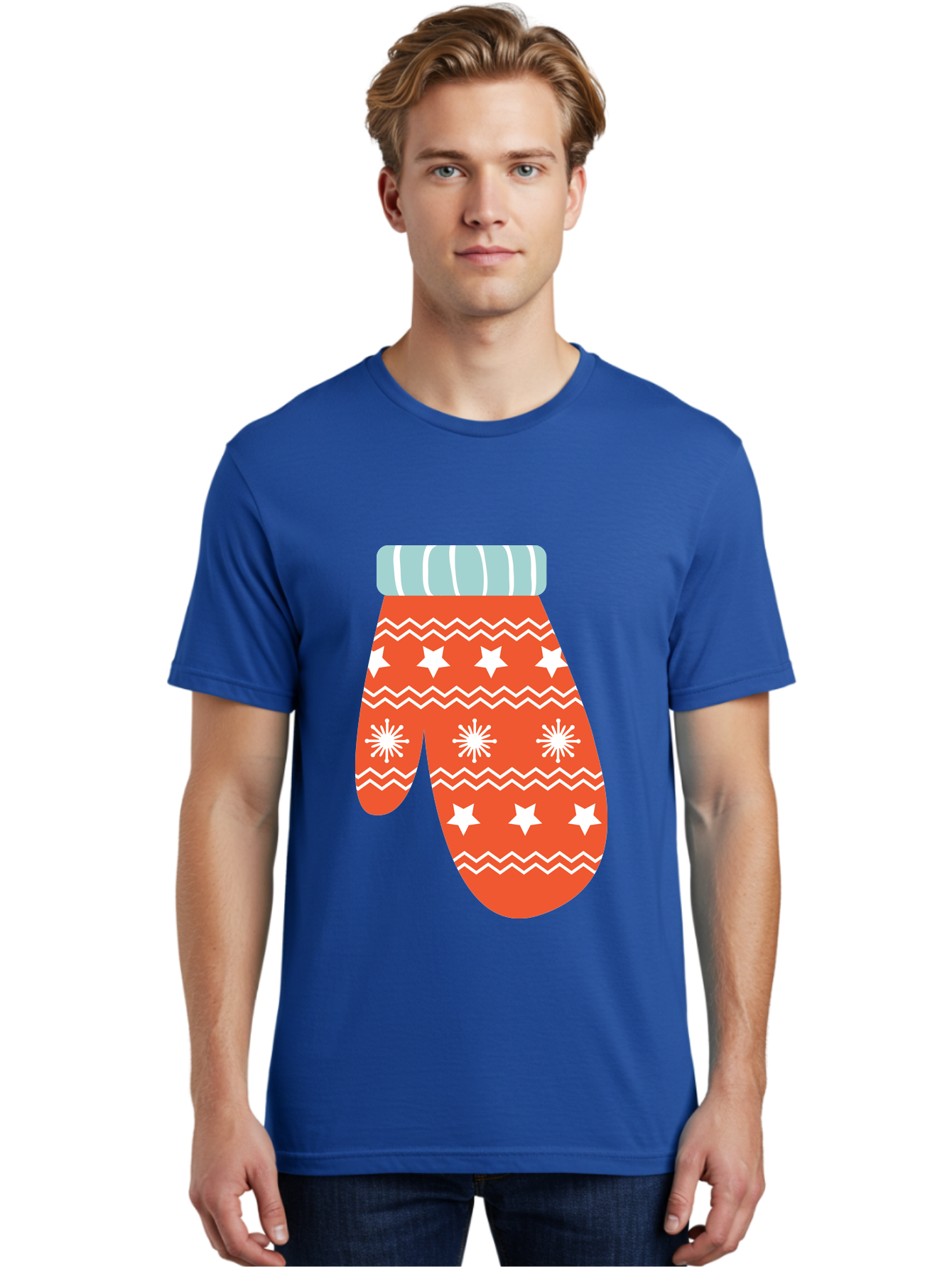 Mitten Men'S Graphic Tee, 100% Cotton, Comfortable Casual Summer Wear, Machine Washable, Red Christmas Mitten, White Snowflakes, White Stars, Zigzag Pattern, Winter Clothing, Holiday Accessories, Festive Design, Cold Weather Gear, Aad009 16