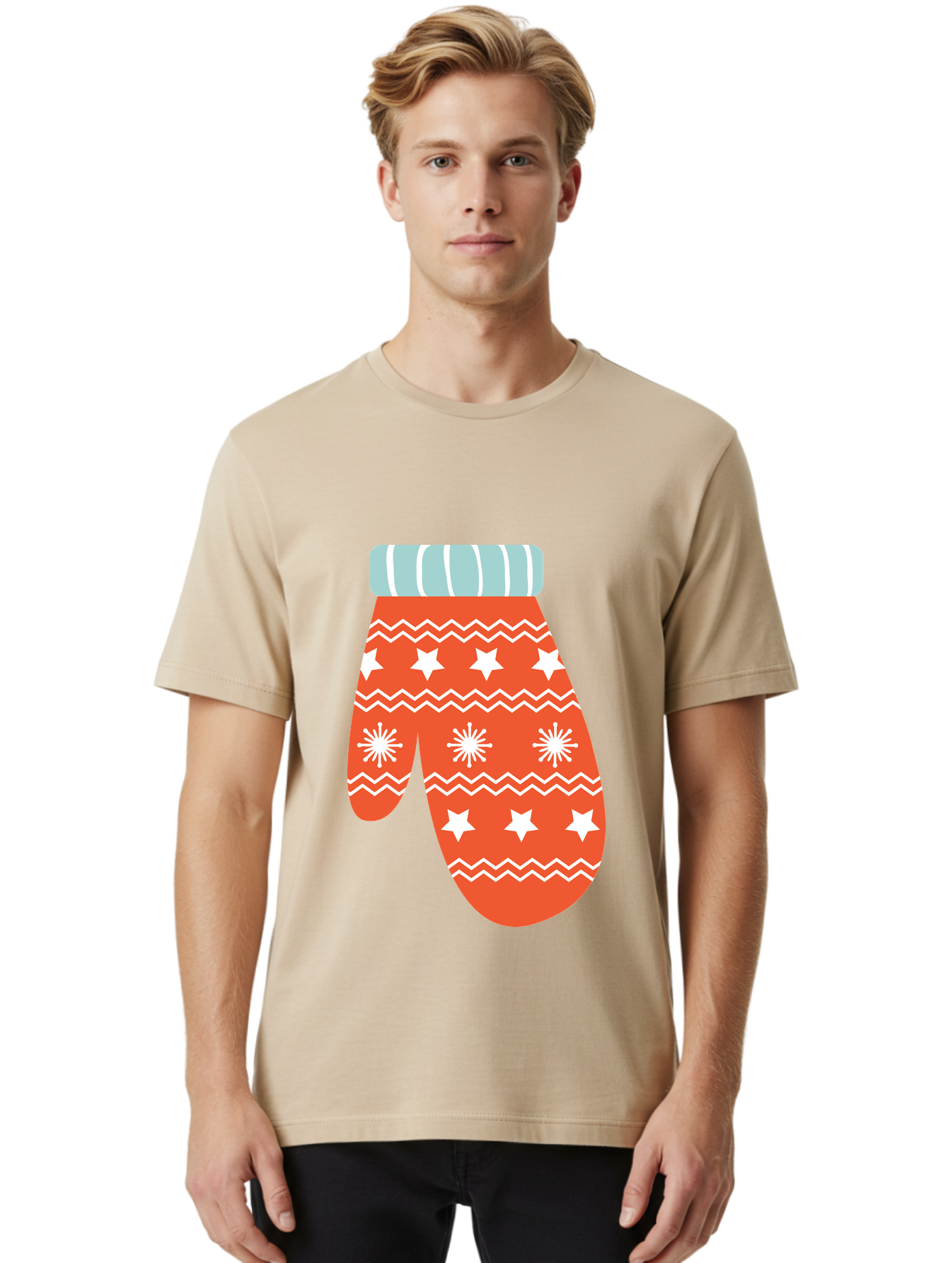 Mitten Men'S Graphic Tee, 100% Cotton, Comfortable Casual Summer Wear, Machine Washable, Red Christmas Mitten, White Snowflakes, White Stars, Zigzag Pattern, Winter Clothing, Holiday Accessories, Festive Design, Cold Weather Gear, Aad009 22