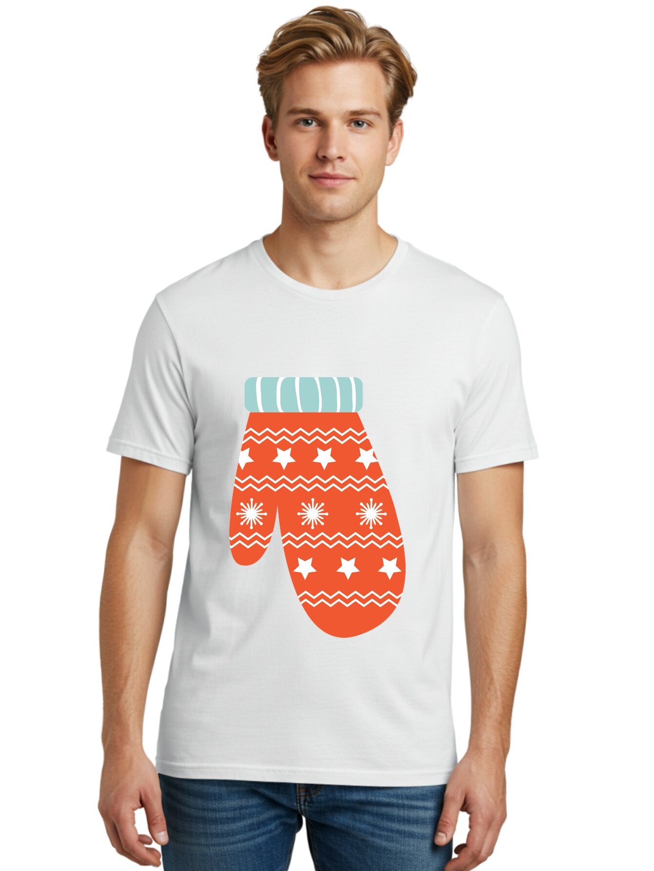 Mitten Men'S Graphic Tee, 100% Cotton, Comfortable Casual Summer Wear, Machine Washable, Red Christmas Mitten, White Snowflakes, White Stars, Zigzag Pattern, Winter Clothing, Holiday Accessories, Festive Design, Cold Weather Gear, Aad009 25