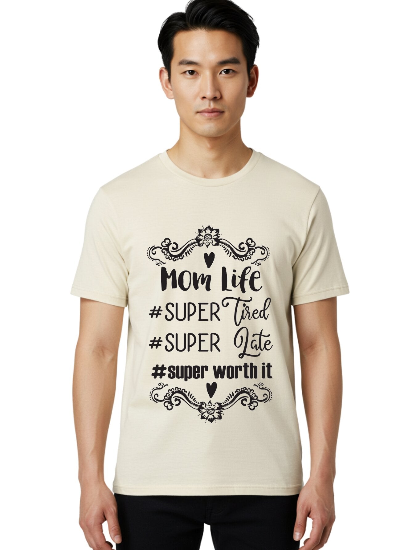 Mom-Life Men'S Graphic Tee, 100% Cotton, Comfortable Casual Summer Wear, Machine Washable, Mom Life, Motherhood, Parenting, Parenting Quote, Super Tired, Super Late, Super Worth It, Motherhood Journey, Mom Quote, Parenting Life Aad013 26