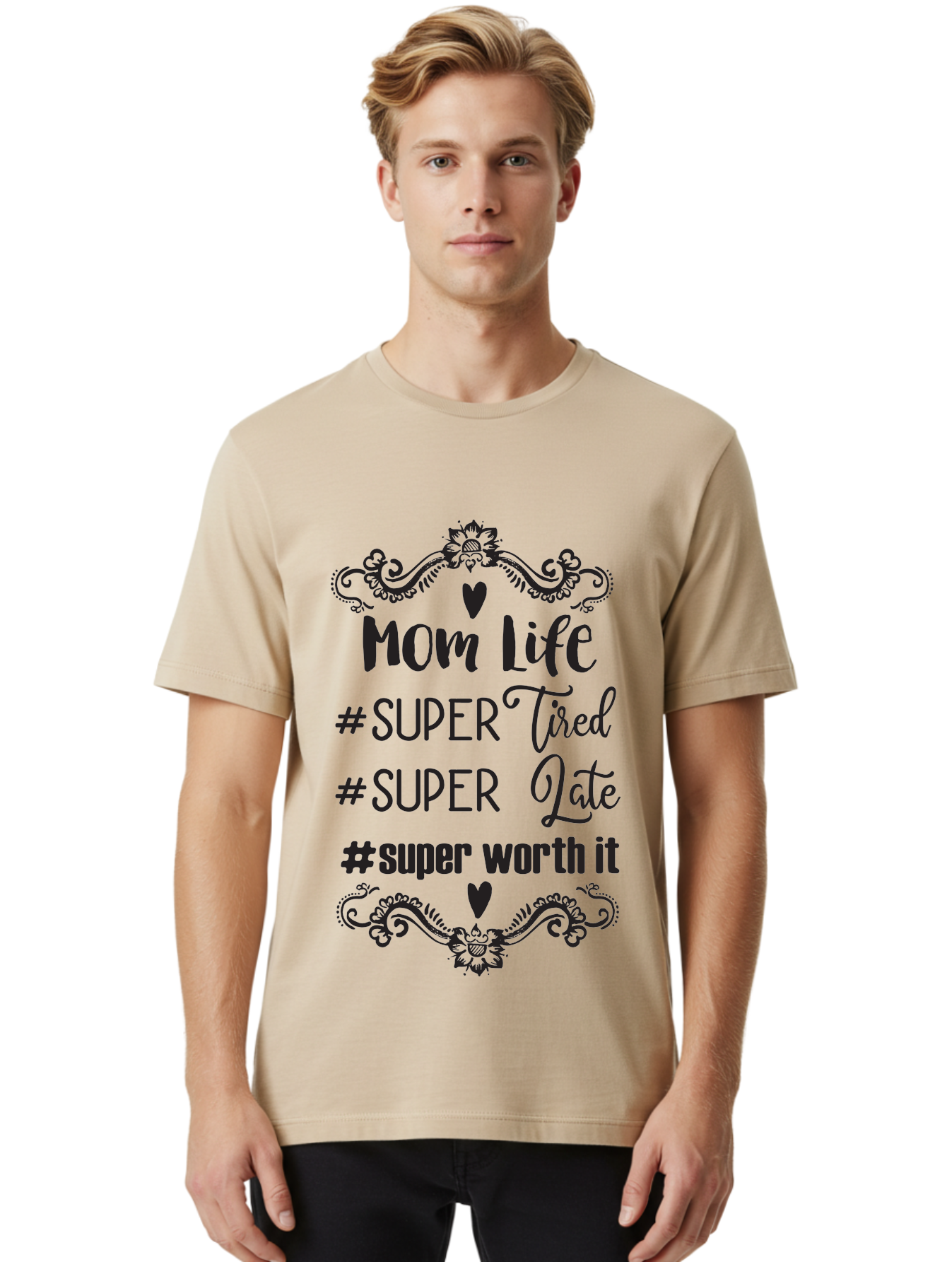Mom-Life Men'S Graphic Tee, 100% Cotton, Comfortable Casual Summer Wear, Machine Washable, Mom Life, Motherhood, Parenting, Parenting Quote, Super Tired, Super Late, Super Worth It, Motherhood Journey, Mom Quote, Parenting Life Aad013