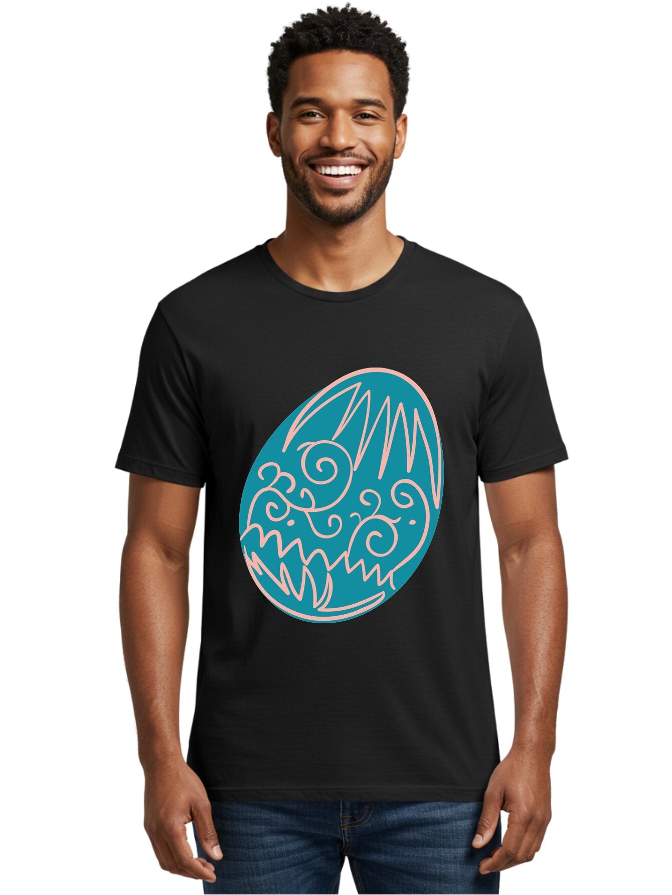 Monster-Egg Men'S Graphic Tee, 100% Cotton, Comfortable Casual Summer Wear, Machine Washable, Monster Face, Easter Egg, Blue Egg, White Outline, Playful Design, Cartoon Style, Abstract Art, Creative Illustration, Fantasy Creature, Aad020 23