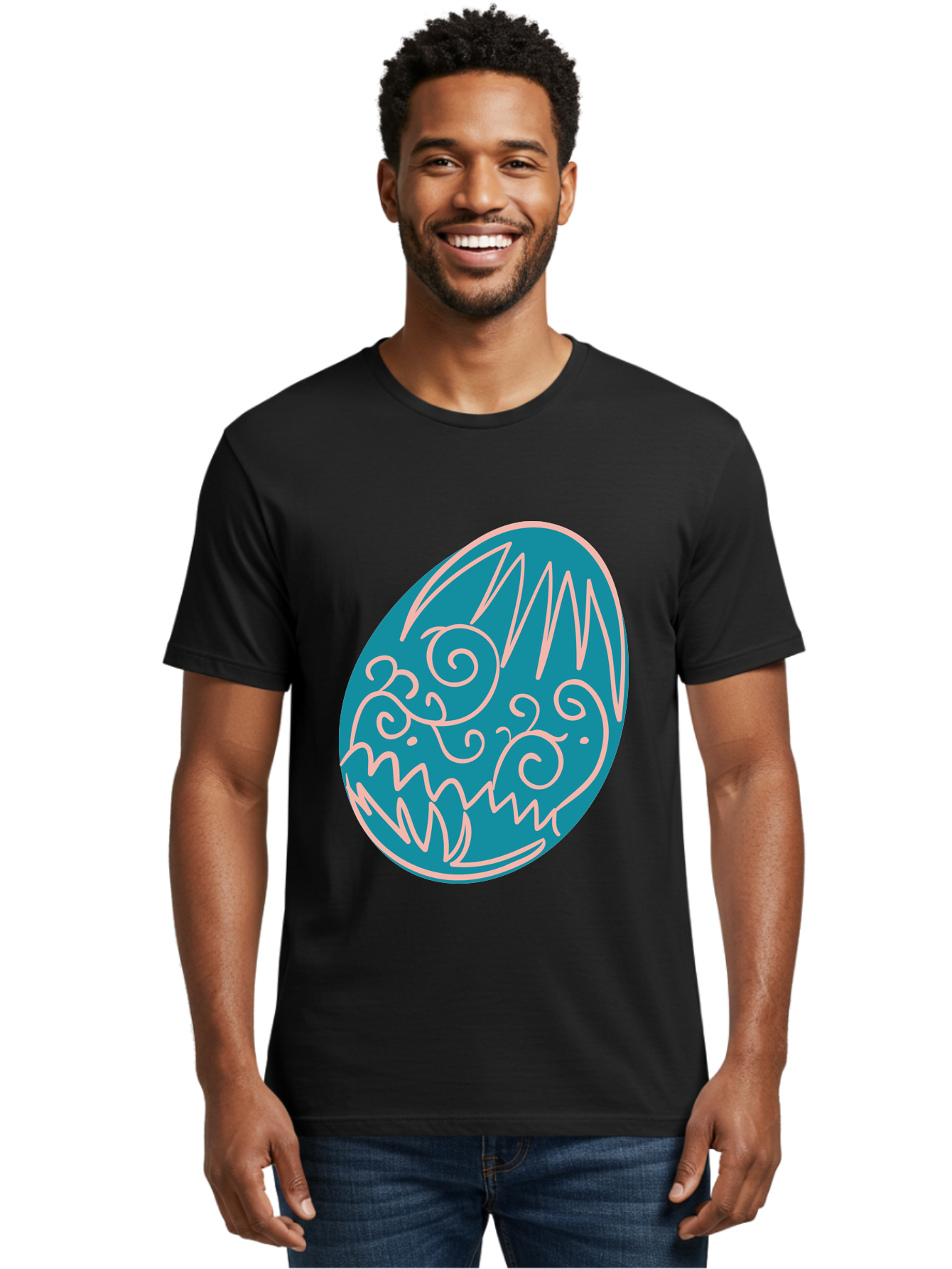 Monster-Egg Men'S Graphic Tee, 100% Cotton, Comfortable Casual Summer Wear, Machine Washable, Monster Face, Easter Egg, Blue Egg, White Outline, Playful Design, Cartoon Style, Abstract Art, Creative Illustration, Fantasy Creature, Aad020 16